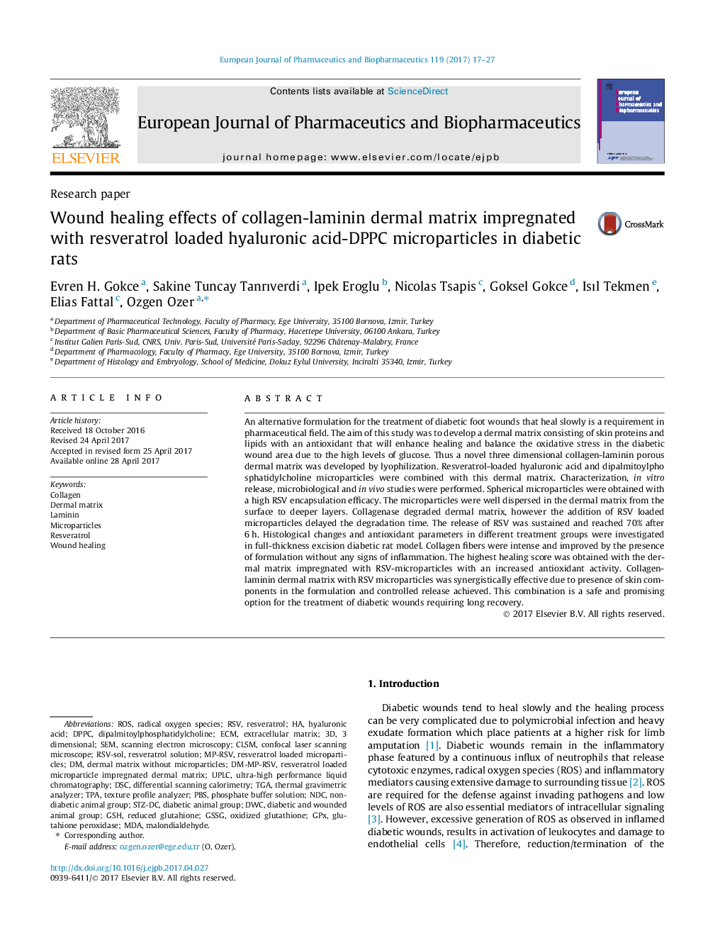 Research paperWound healing effects of collagen-laminin dermal matrix impregnated with resveratrol loaded hyaluronic acid-DPPC microparticles in diabetic rats