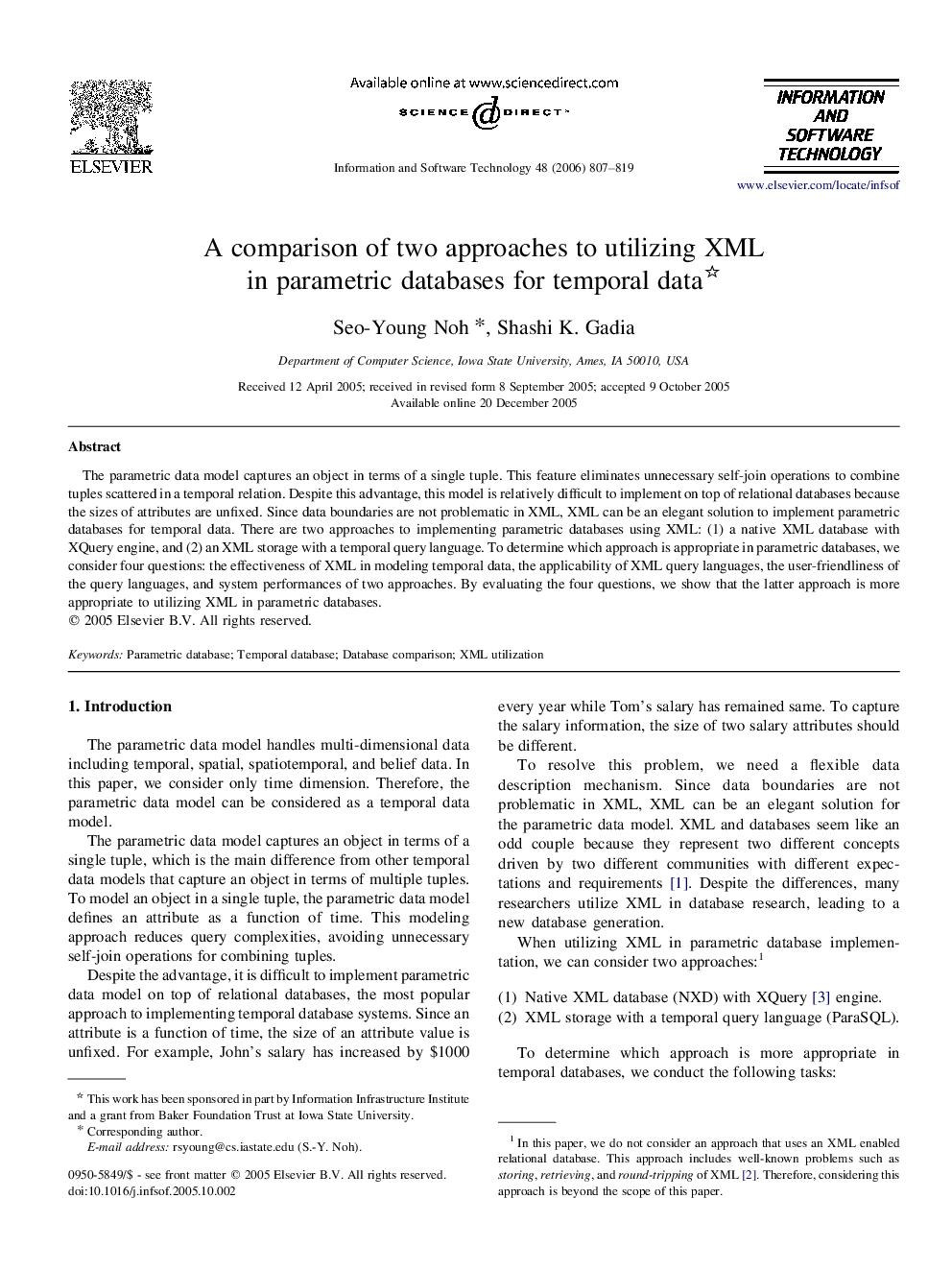 A comparison of two approaches to utilizing XML in parametric databases for temporal data 