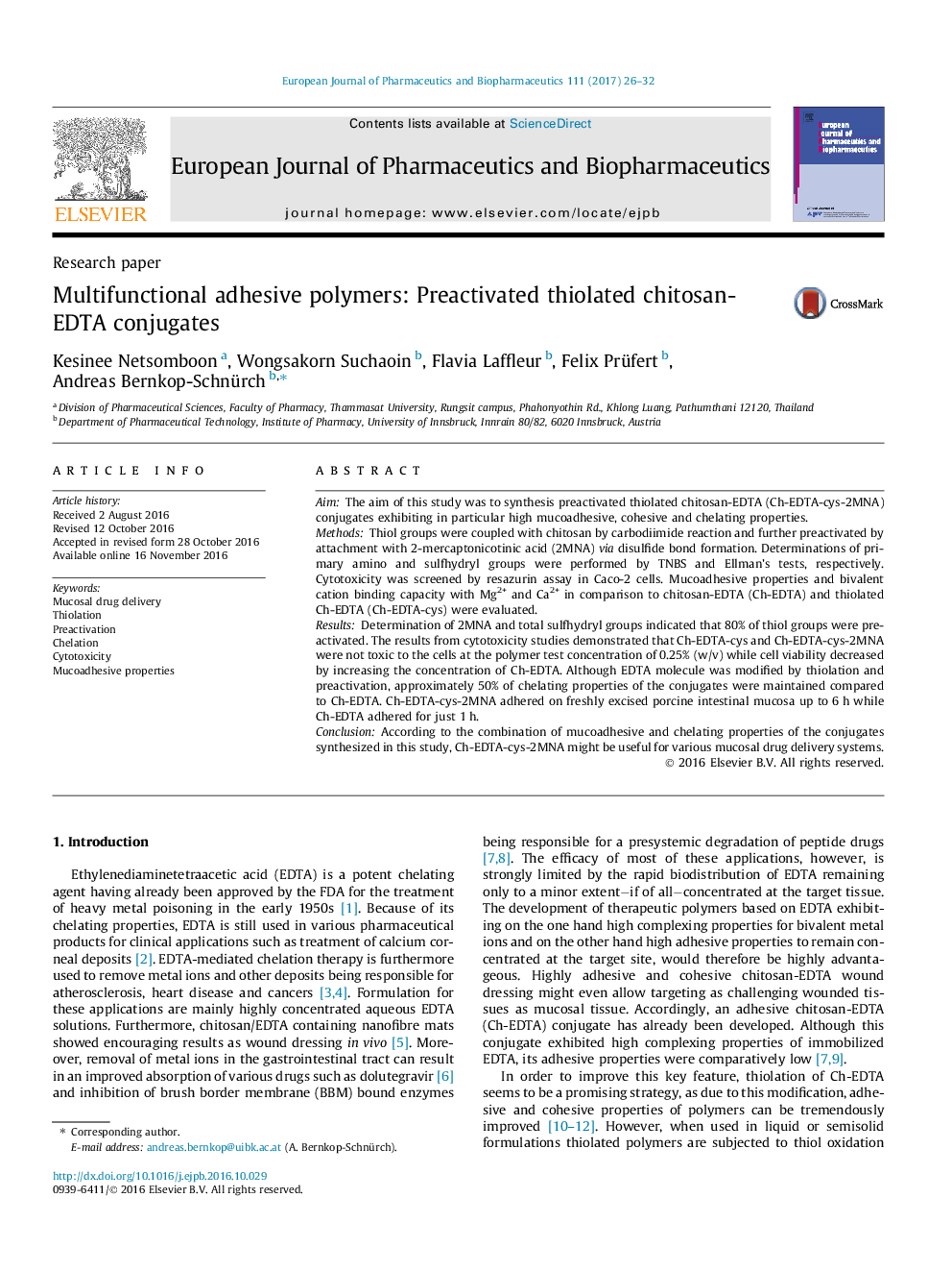 Research paperMultifunctional adhesive polymers: Preactivated thiolated chitosan-EDTA conjugates