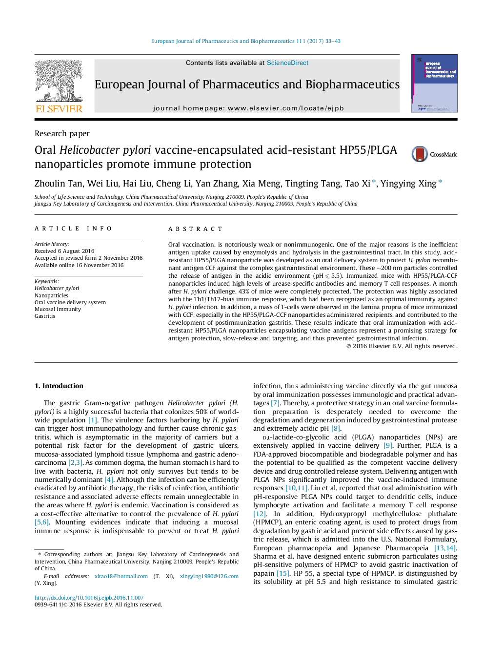 Research paperOral Helicobacter pylori vaccine-encapsulated acid-resistant HP55/PLGA nanoparticles promote immune protection