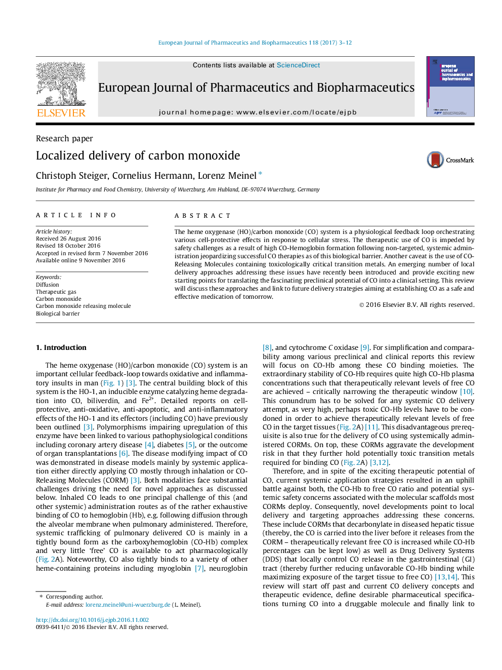 Research paperLocalized delivery of carbon monoxide