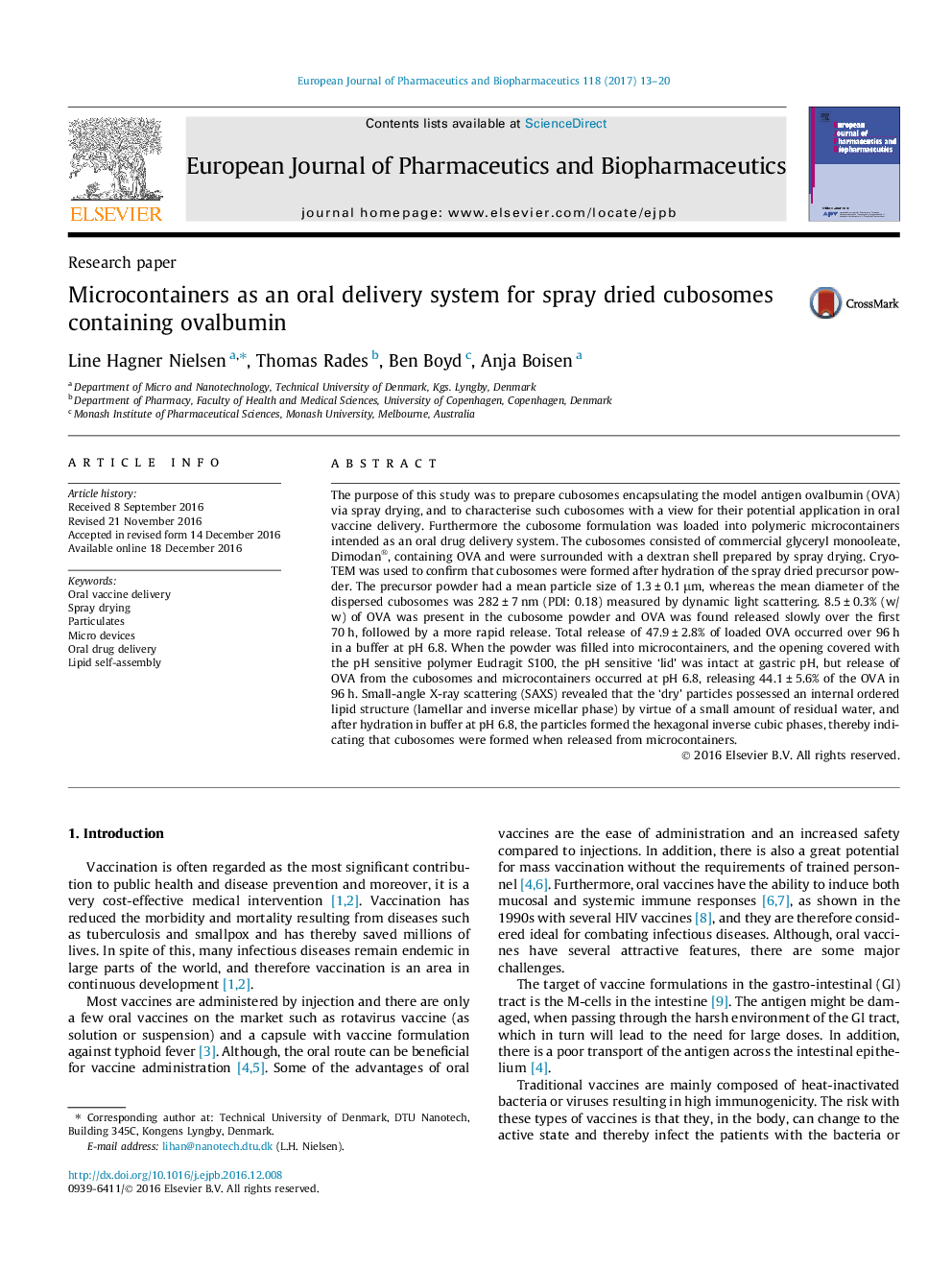 Research paperMicrocontainers as an oral delivery system for spray dried cubosomes containing ovalbumin