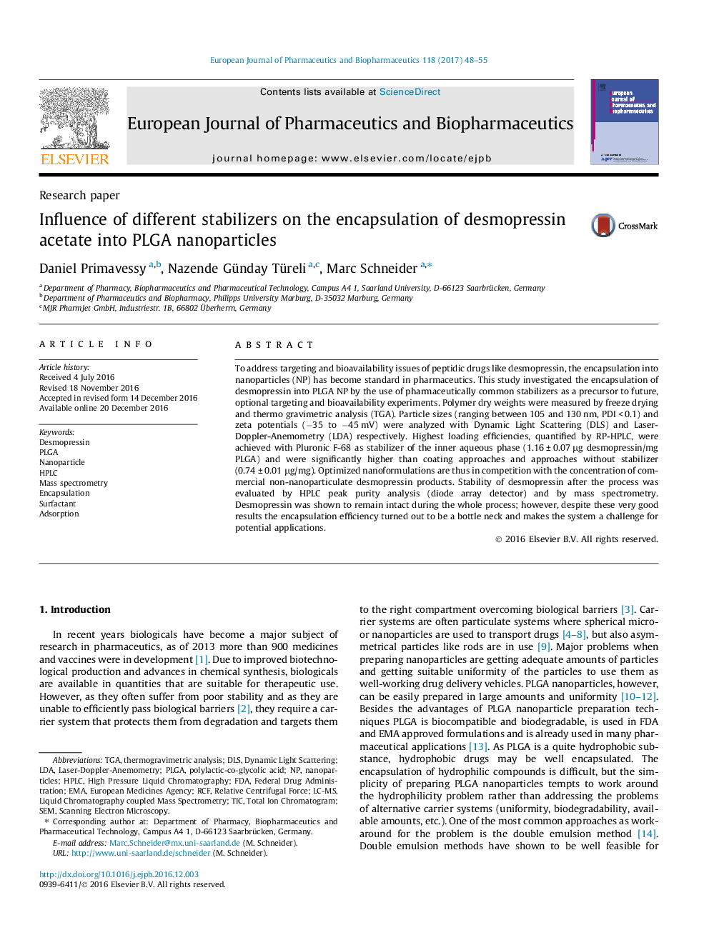 Research paperInfluence of different stabilizers on the encapsulation of desmopressin acetate into PLGA nanoparticles