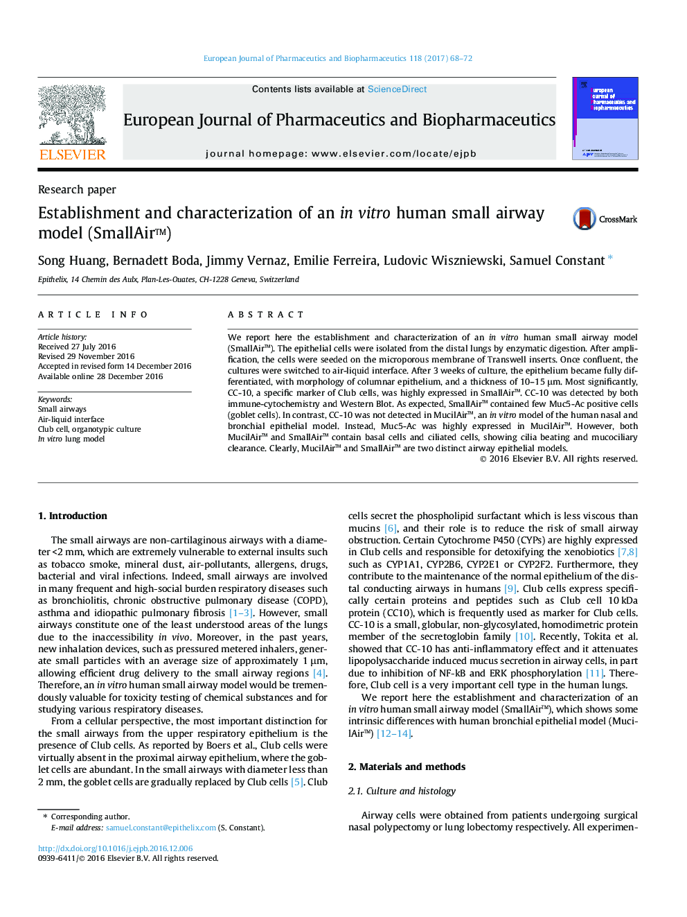 Research paperEstablishment and characterization of an in vitro human small airway model (SmallAirâ¢)