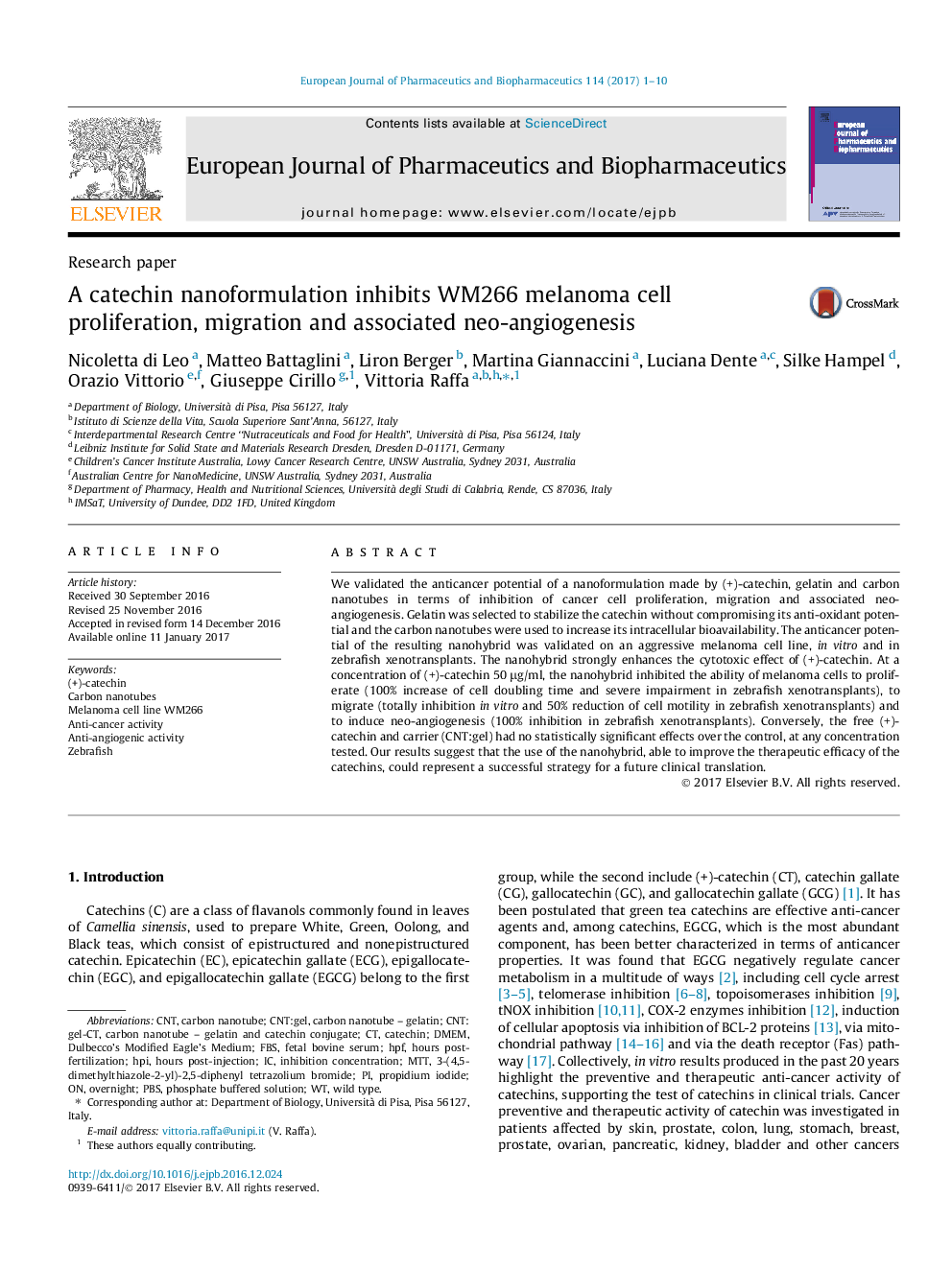 Research paperA catechin nanoformulation inhibits WM266 melanoma cell proliferation, migration and associated neo-angiogenesis