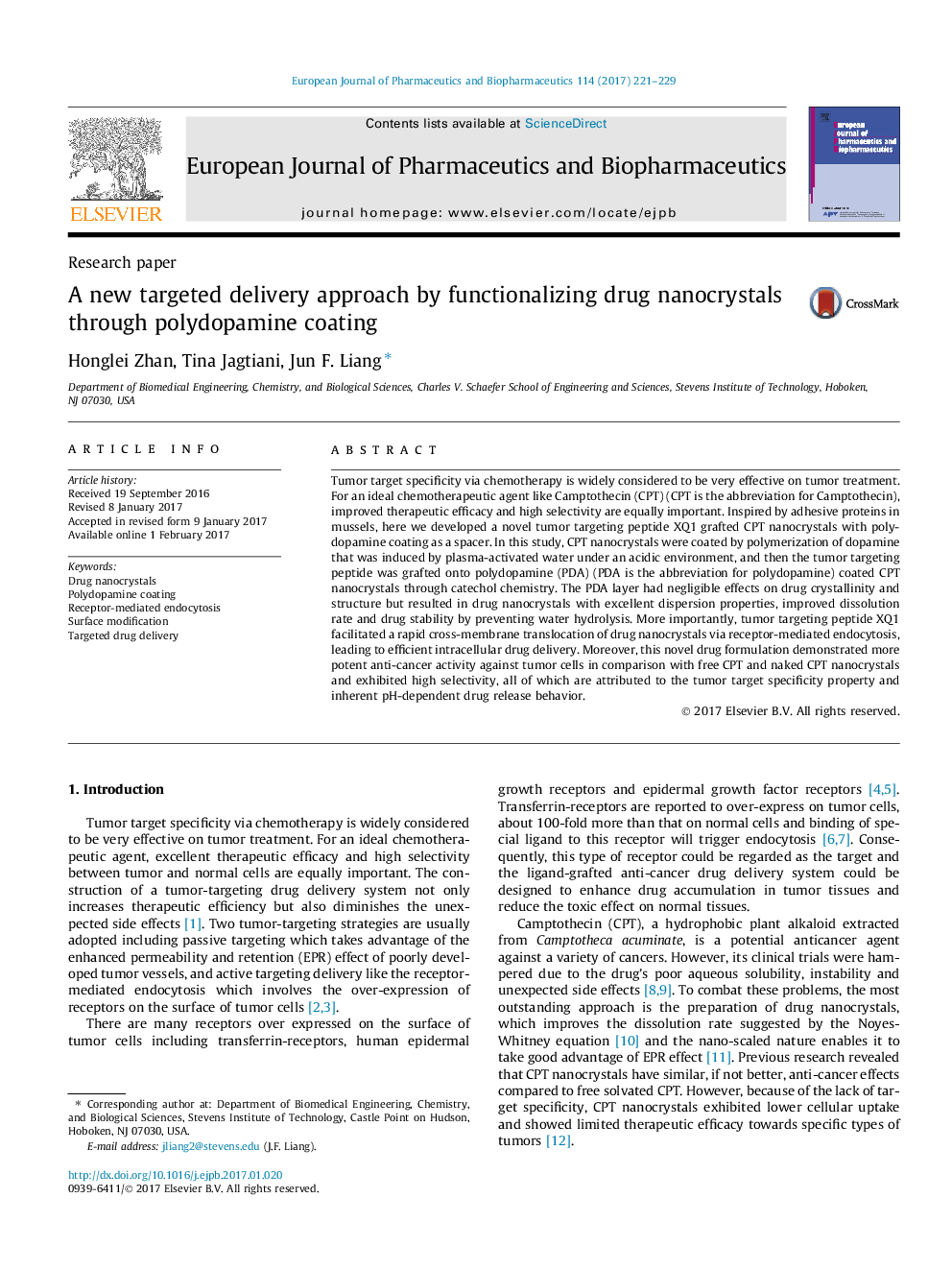 Research paperA new targeted delivery approach by functionalizing drug nanocrystals through polydopamine coating