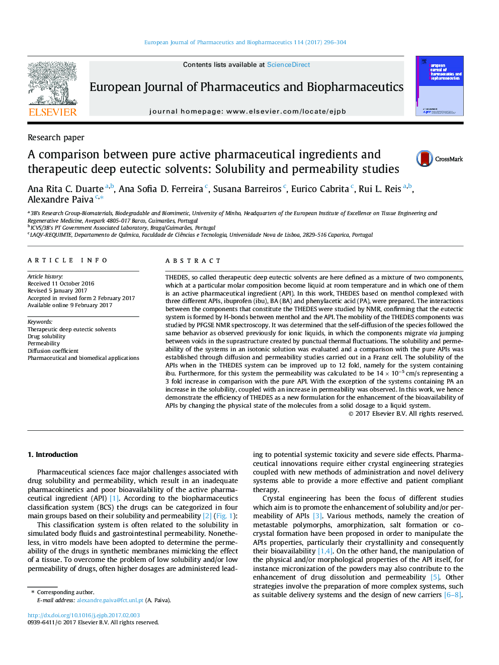 مقایسه مواد داروی فعال خالص و حلال های ائوتستیک عمیق دریافت کننده: مطالعات حلالیت و نفوذپذیری 