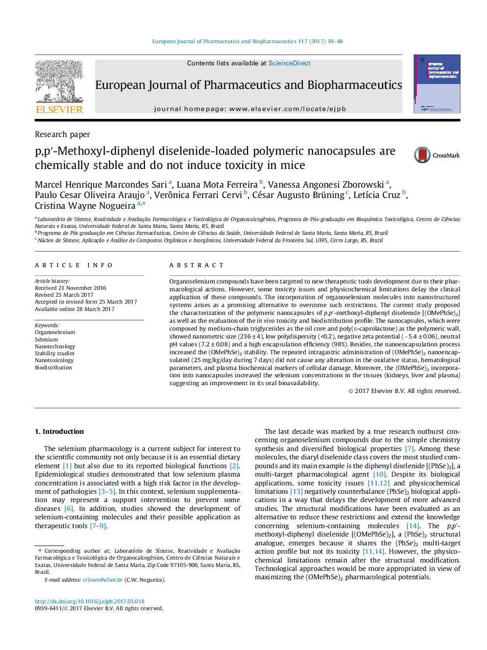 Research paperp,pâ²-Methoxyl-diphenyl diselenide-loaded polymeric nanocapsules are chemically stable and do not induce toxicity in mice