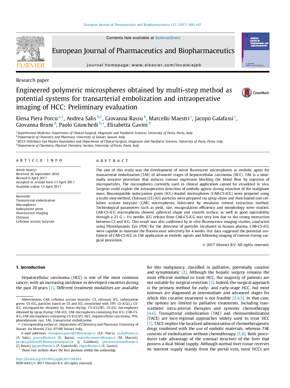 Research paperEngineered polymeric microspheres obtained by multi-step method as potential systems for transarterial embolization and intraoperative imaging of HCC: Preliminary evaluation