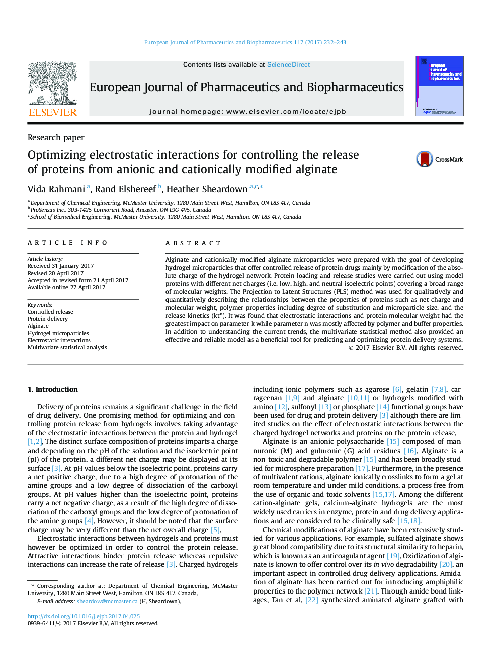 Research paperOptimizing electrostatic interactions for controlling the release of proteins from anionic and cationically modified alginate