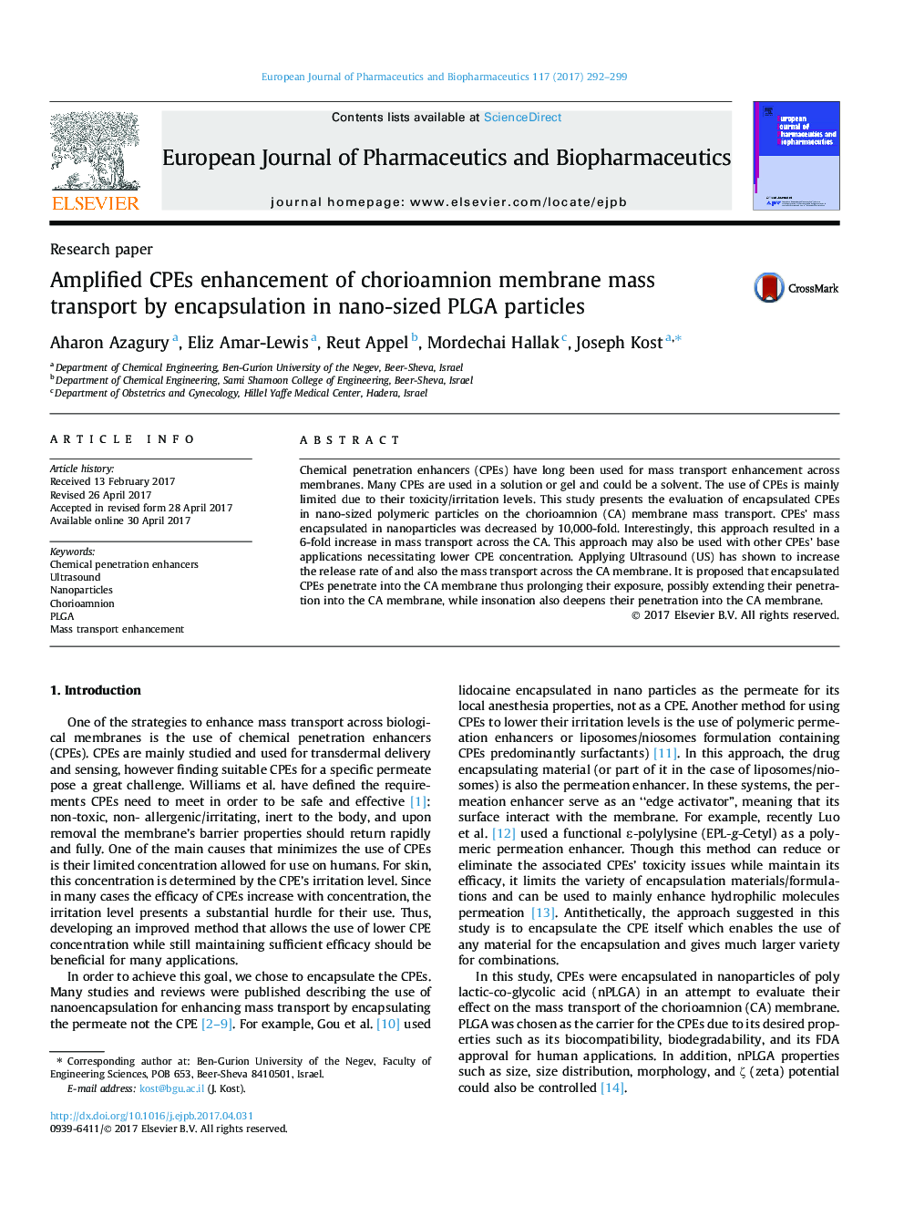 Research paperAmplified CPEs enhancement of chorioamnion membrane mass transport by encapsulation in nano-sized PLGA particles