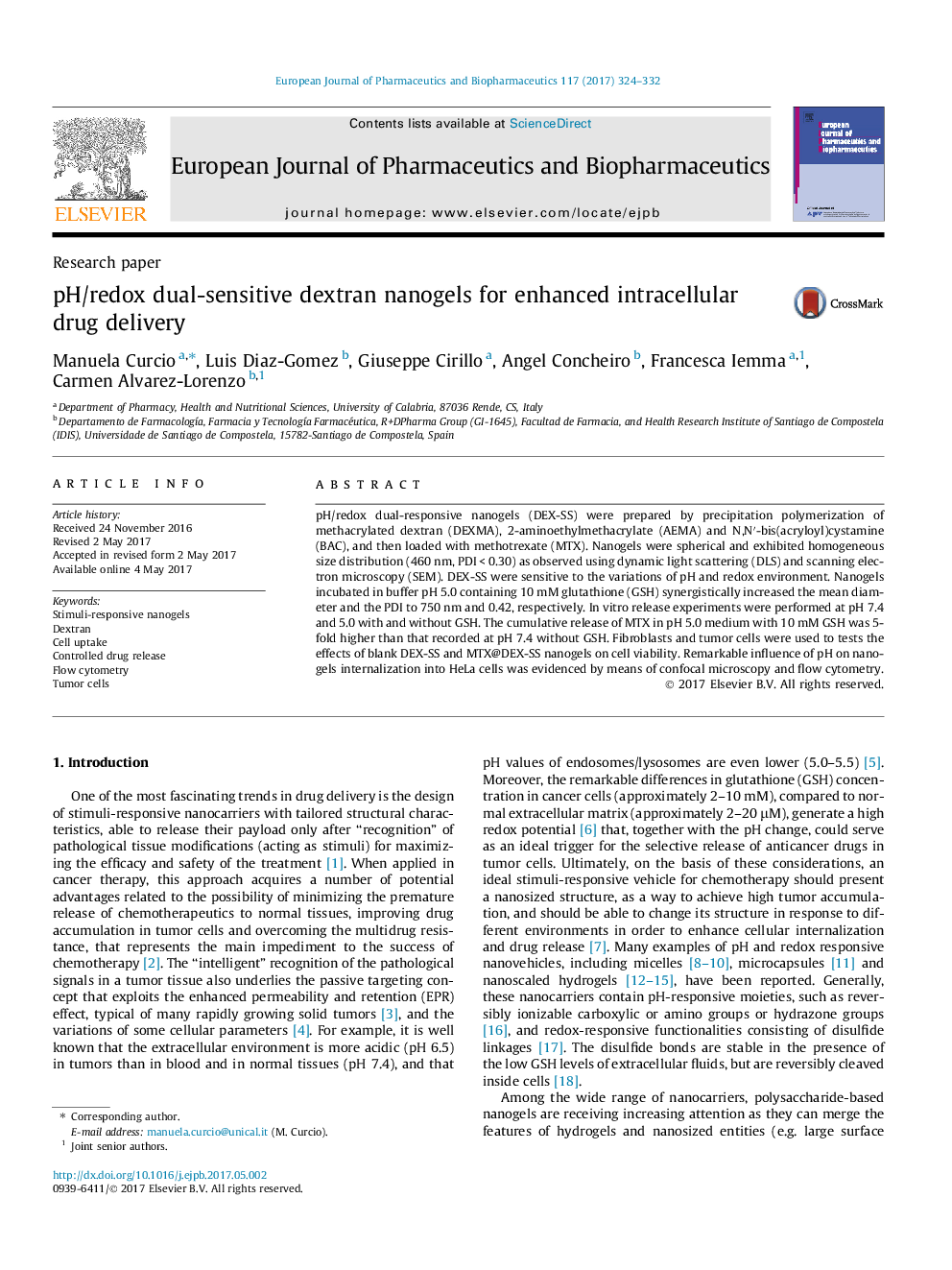 Research paperpH/redox dual-sensitive dextran nanogels for enhanced intracellular drug delivery