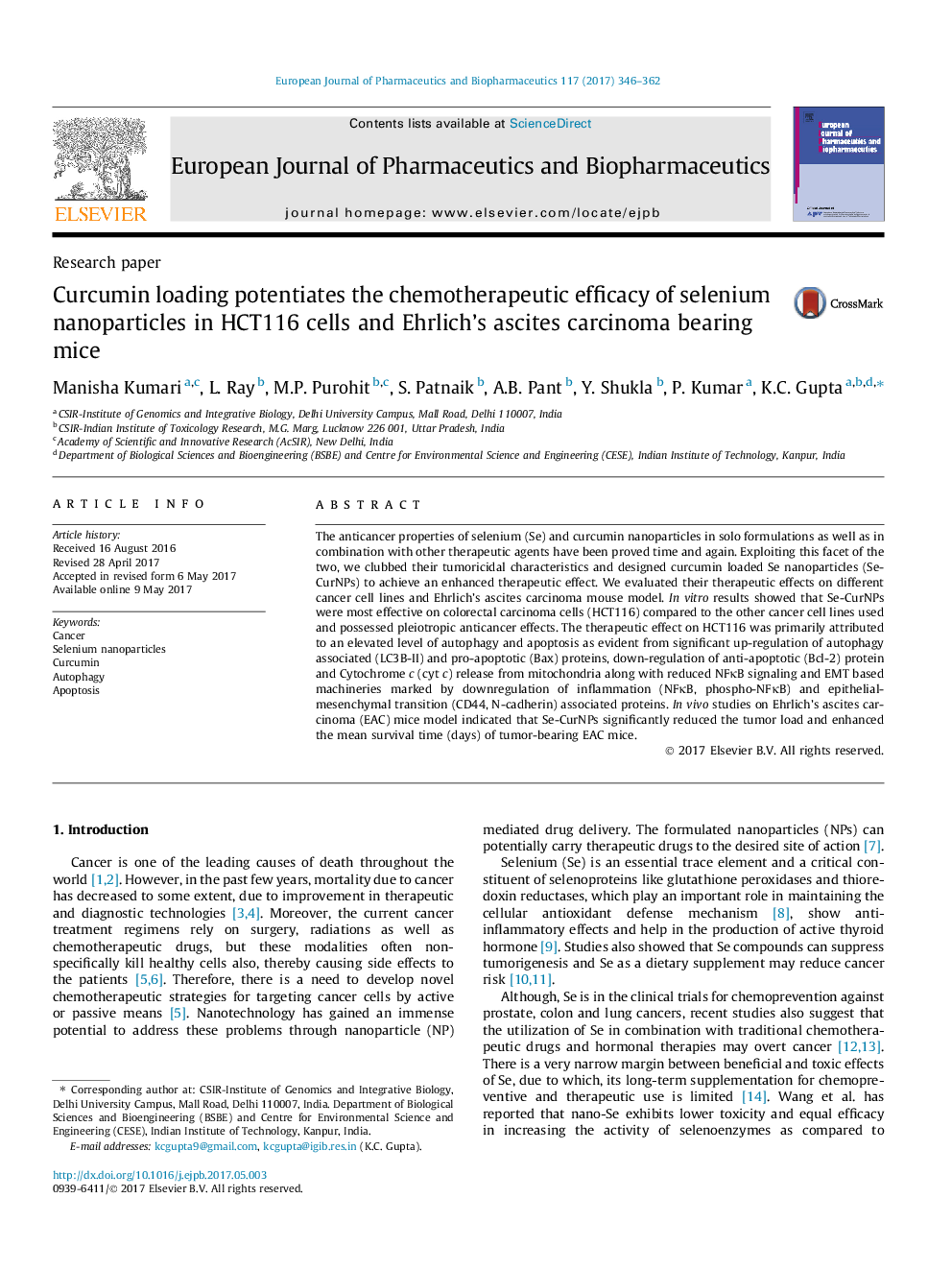 Research paperCurcumin loading potentiates the chemotherapeutic efficacy of selenium nanoparticles in HCT116 cells and Ehrlich's ascites carcinoma bearing mice