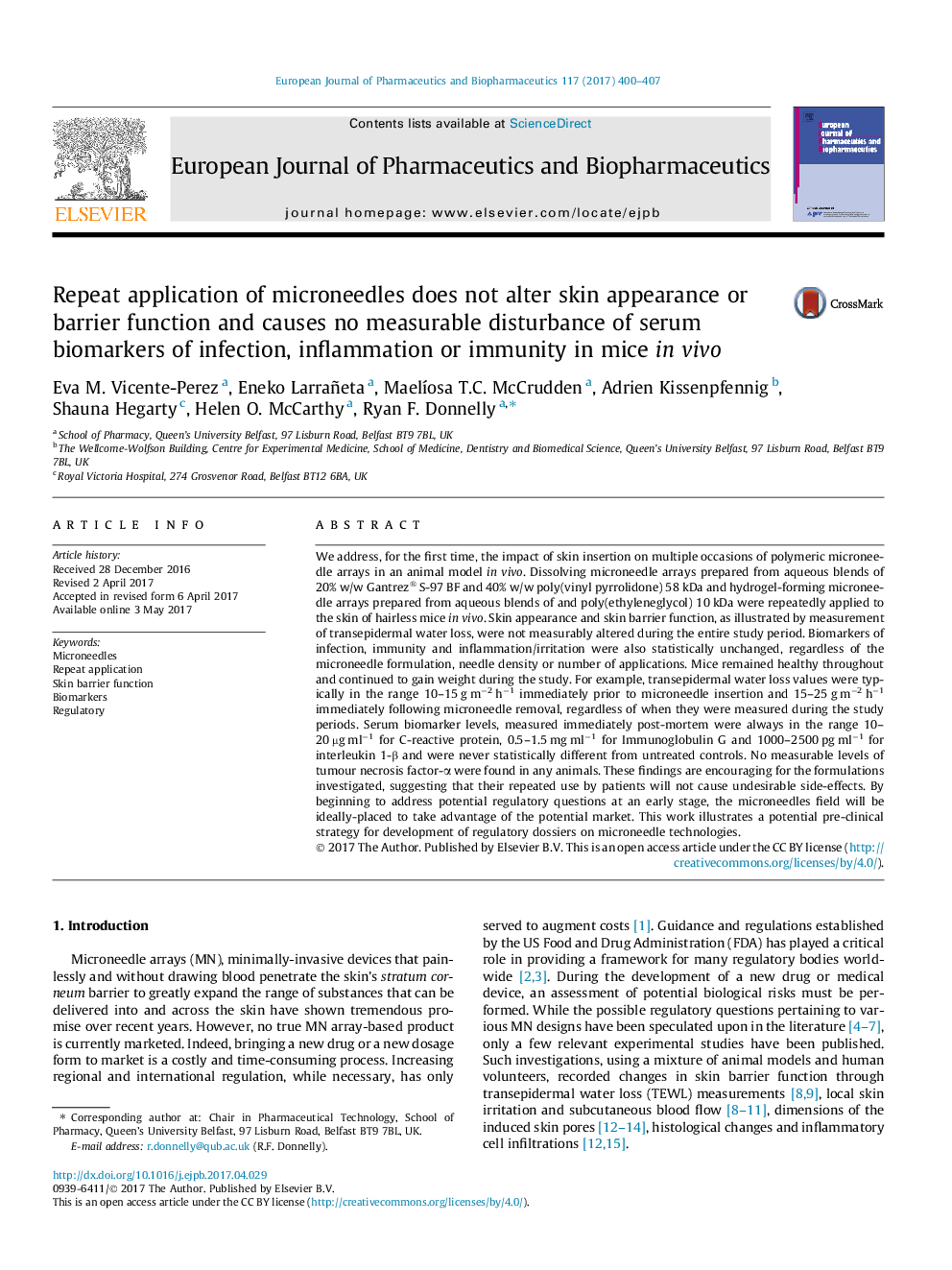 Repeat application of microneedles does not alter skin appearance or barrier function and causes no measurable disturbance of serum biomarkers of infection, inflammation or immunity in mice in vivo