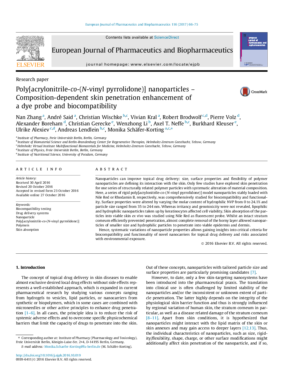 Research paperPoly[acrylonitrile-co-(N-vinyl pyrrolidone)] nanoparticles - Composition-dependent skin penetration enhancement of a dye probe and biocompatibility