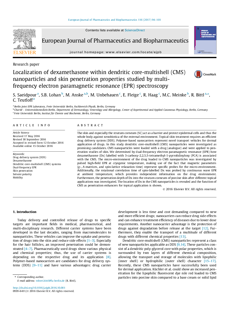 Research paperLocalization of dexamethasone within dendritic core-multishell (CMS) nanoparticles and skin penetration properties studied by multi-frequency electron paramagnetic resonance (EPR) spectroscopy