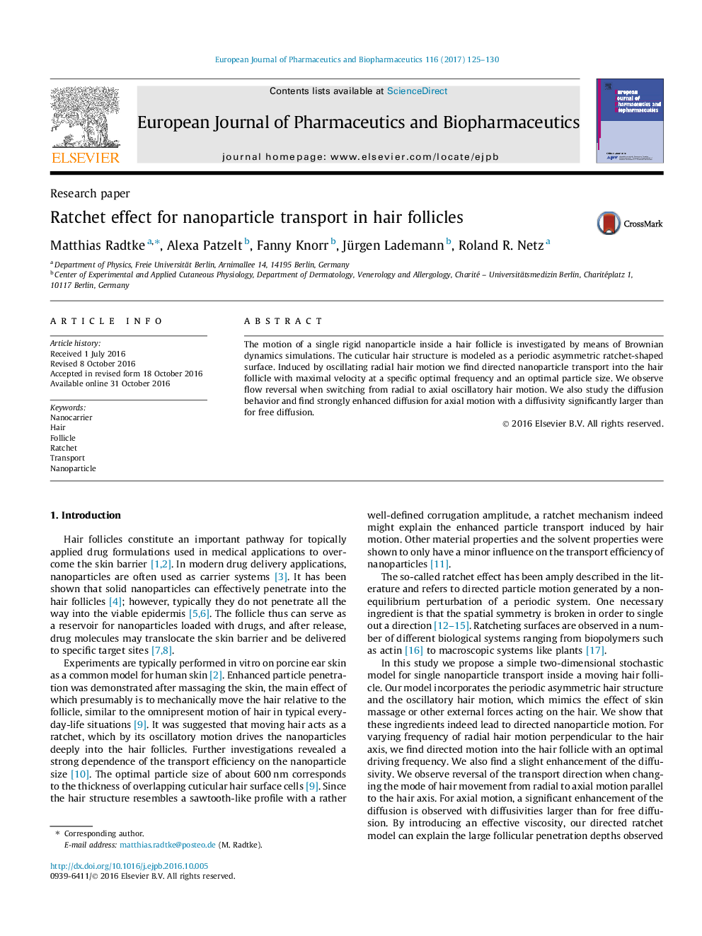 Research paperRatchet effect for nanoparticle transport in hair follicles