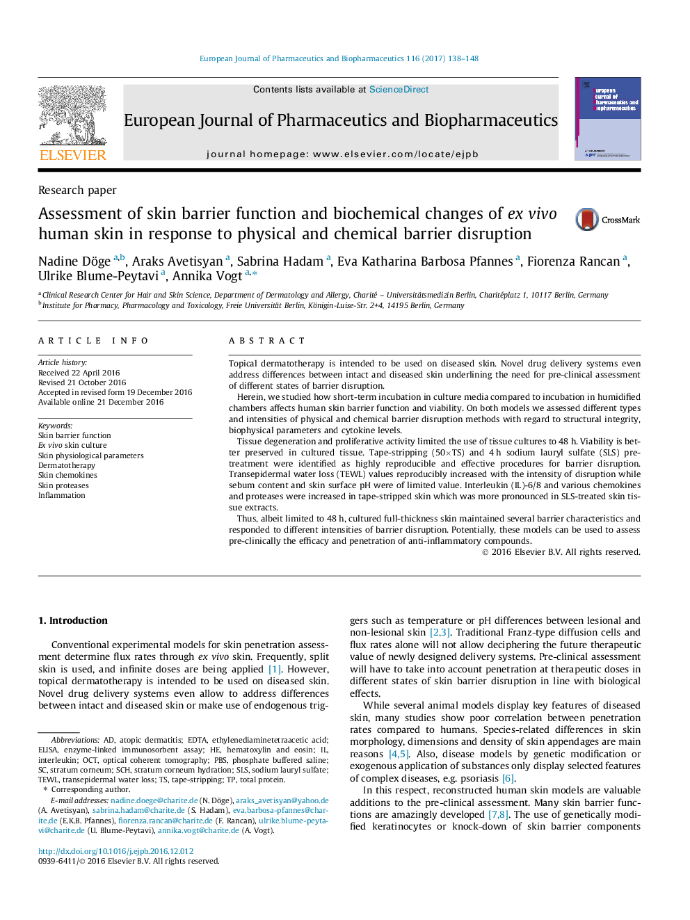 Research paperAssessment of skin barrier function and biochemical changes of ex vivo human skin in response to physical and chemical barrier disruption