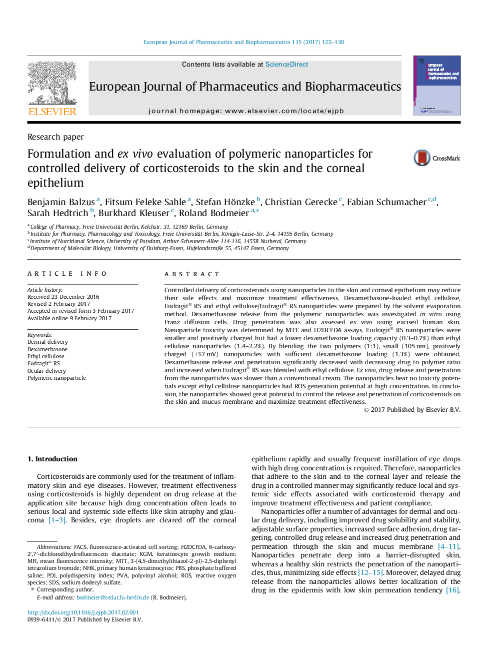 Research paperFormulation and ex vivo evaluation of polymeric nanoparticles for controlled delivery of corticosteroids to the skin and the corneal epithelium