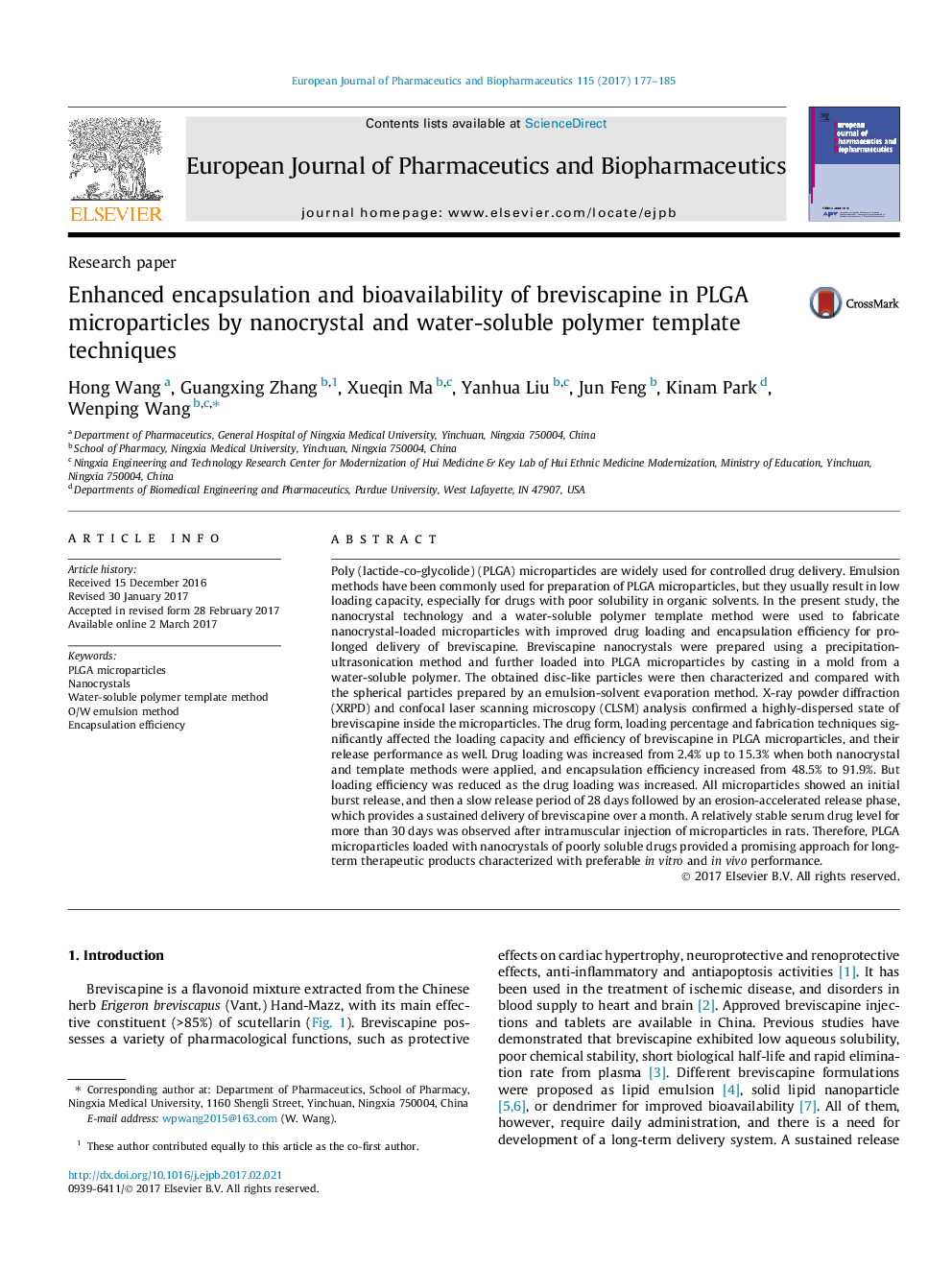 Research paperEnhanced encapsulation and bioavailability of breviscapine in PLGA microparticles by nanocrystal and water-soluble polymer template techniques