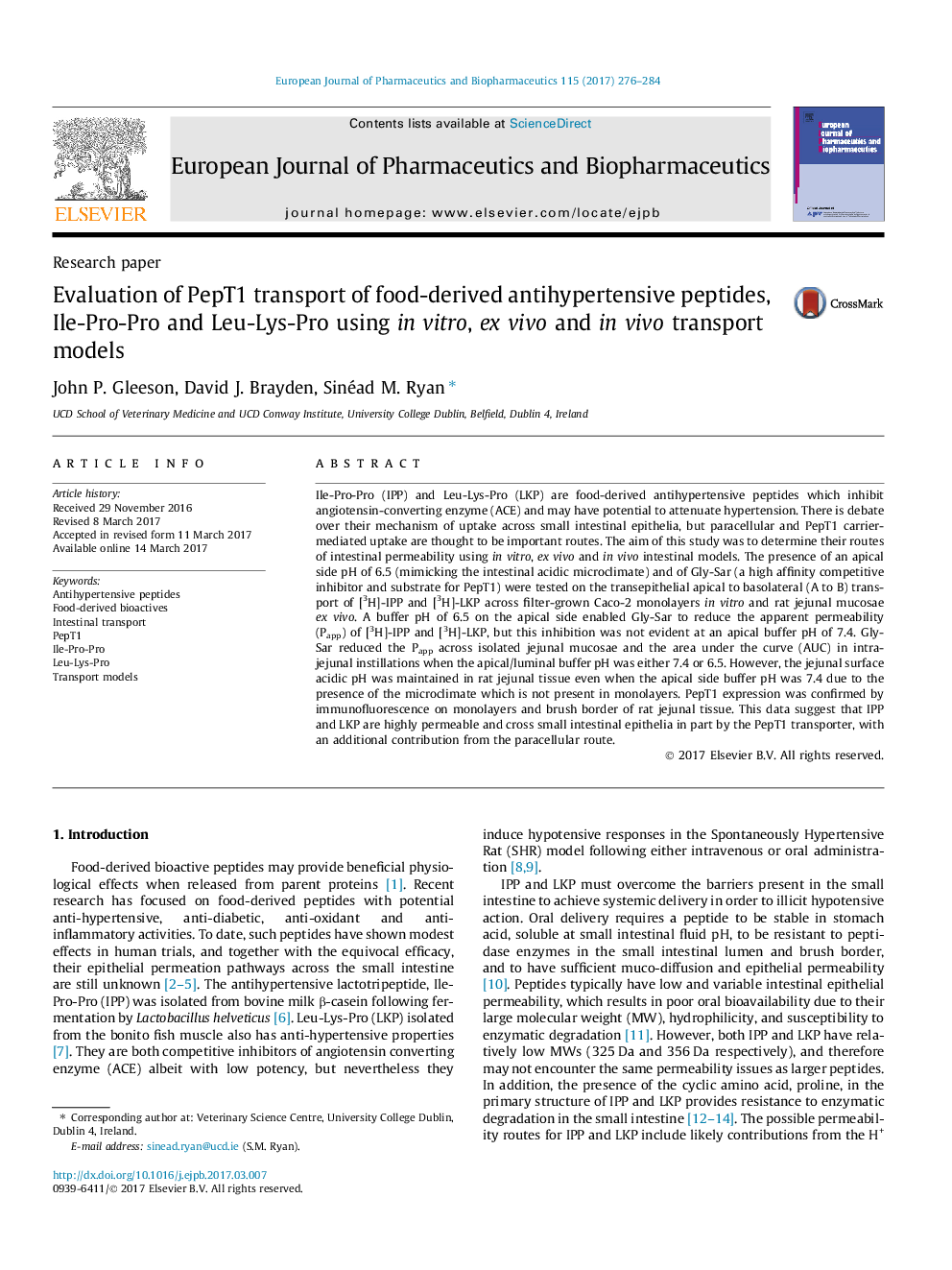 Research paperEvaluation of PepT1 transport of food-derived antihypertensive peptides, Ile-Pro-Pro and Leu-Lys-Pro using in vitro, ex vivo and in vivo transport models