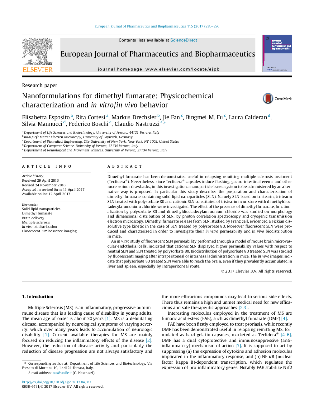 Research paperNanoformulations for dimethyl fumarate: Physicochemical characterization and in vitro/in vivo behavior