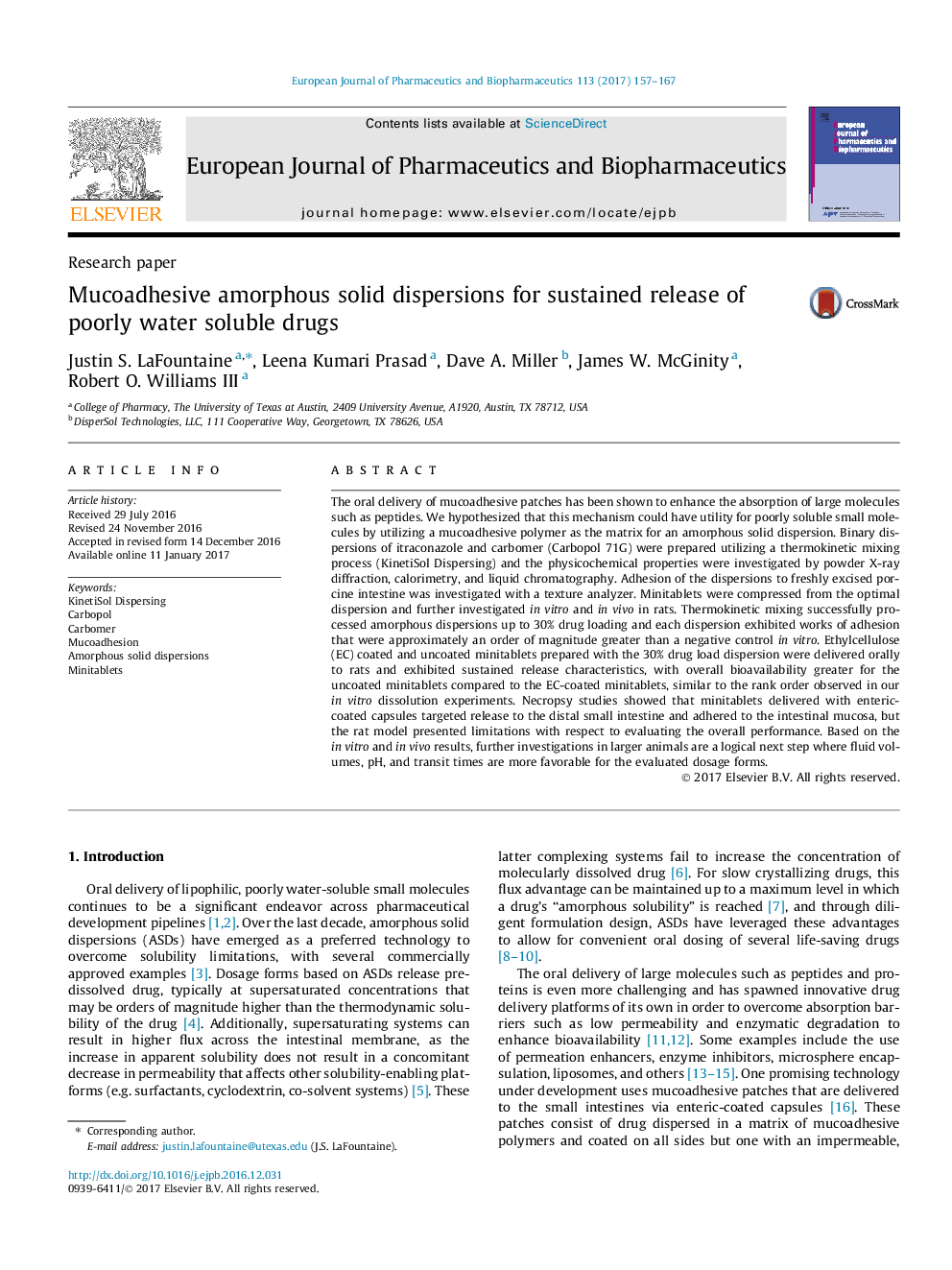 Research paperMucoadhesive amorphous solid dispersions for sustained release of poorly water soluble drugs