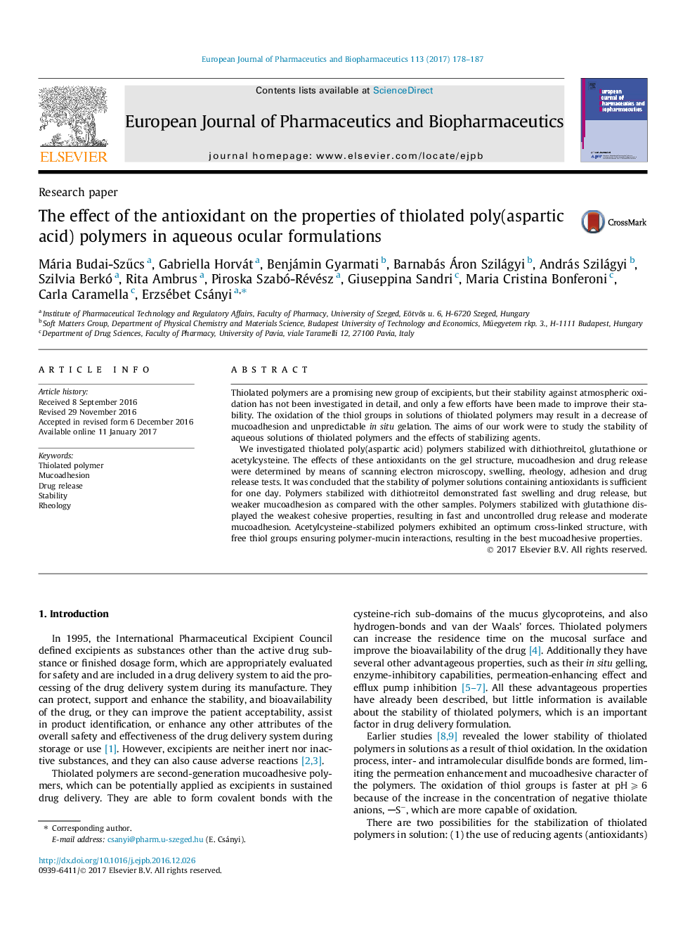 Research paperThe effect of the antioxidant on the properties of thiolated poly(aspartic acid) polymers in aqueous ocular formulations