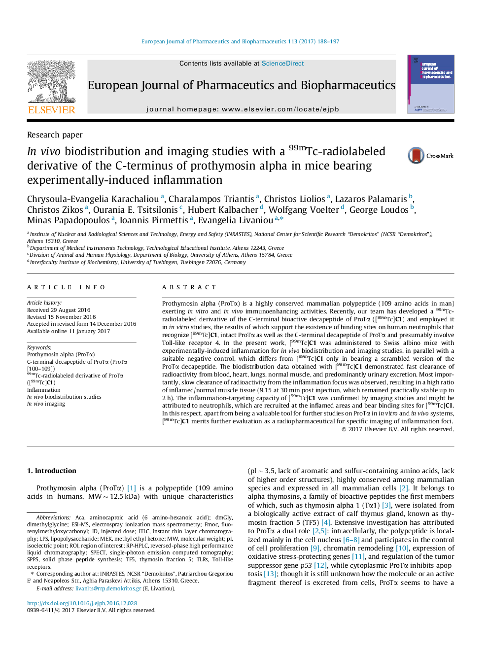 Research paperIn vivo biodistribution and imaging studies with a 99mTc-radiolabeled derivative of the C-terminus of prothymosin alpha in mice bearing experimentally-induced inflammation