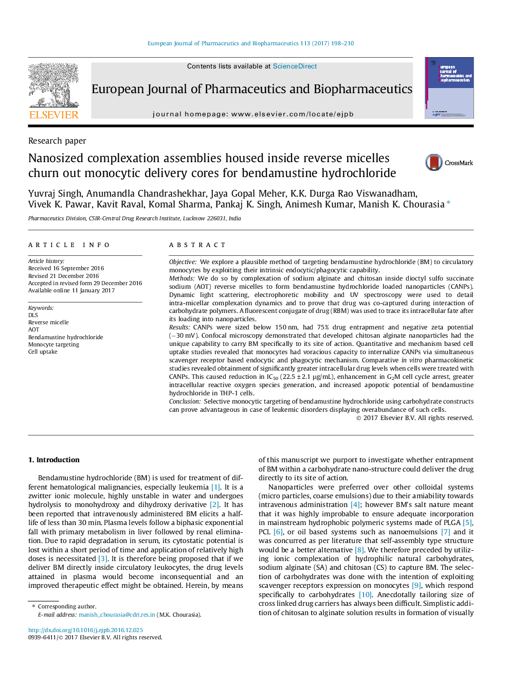 Research paperNanosized complexation assemblies housed inside reverse micelles churn out monocytic delivery cores for bendamustine hydrochloride