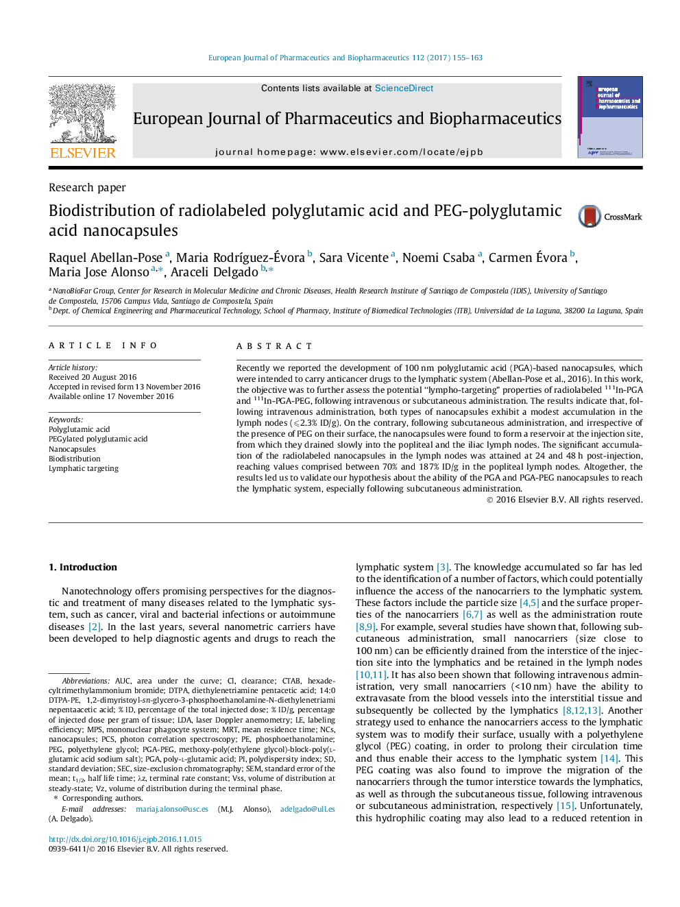 Research paperBiodistribution of radiolabeled polyglutamic acid and PEG-polyglutamic acid nanocapsules