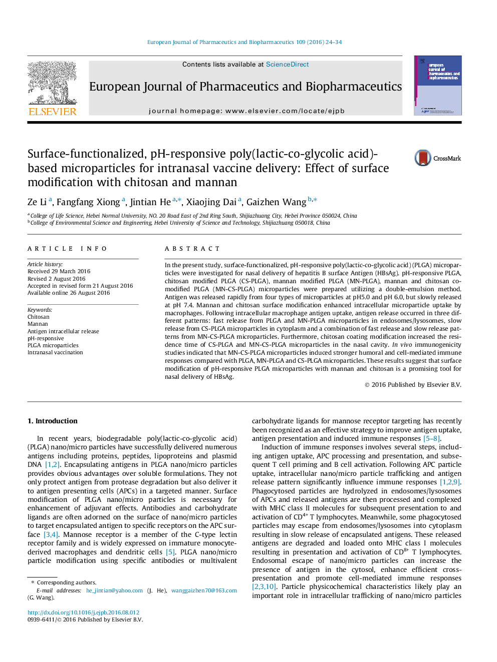 Surface-functionalized, pH-responsive poly(lactic-co-glycolic acid)-based microparticles for intranasal vaccine delivery: Effect of surface modification with chitosan and mannan