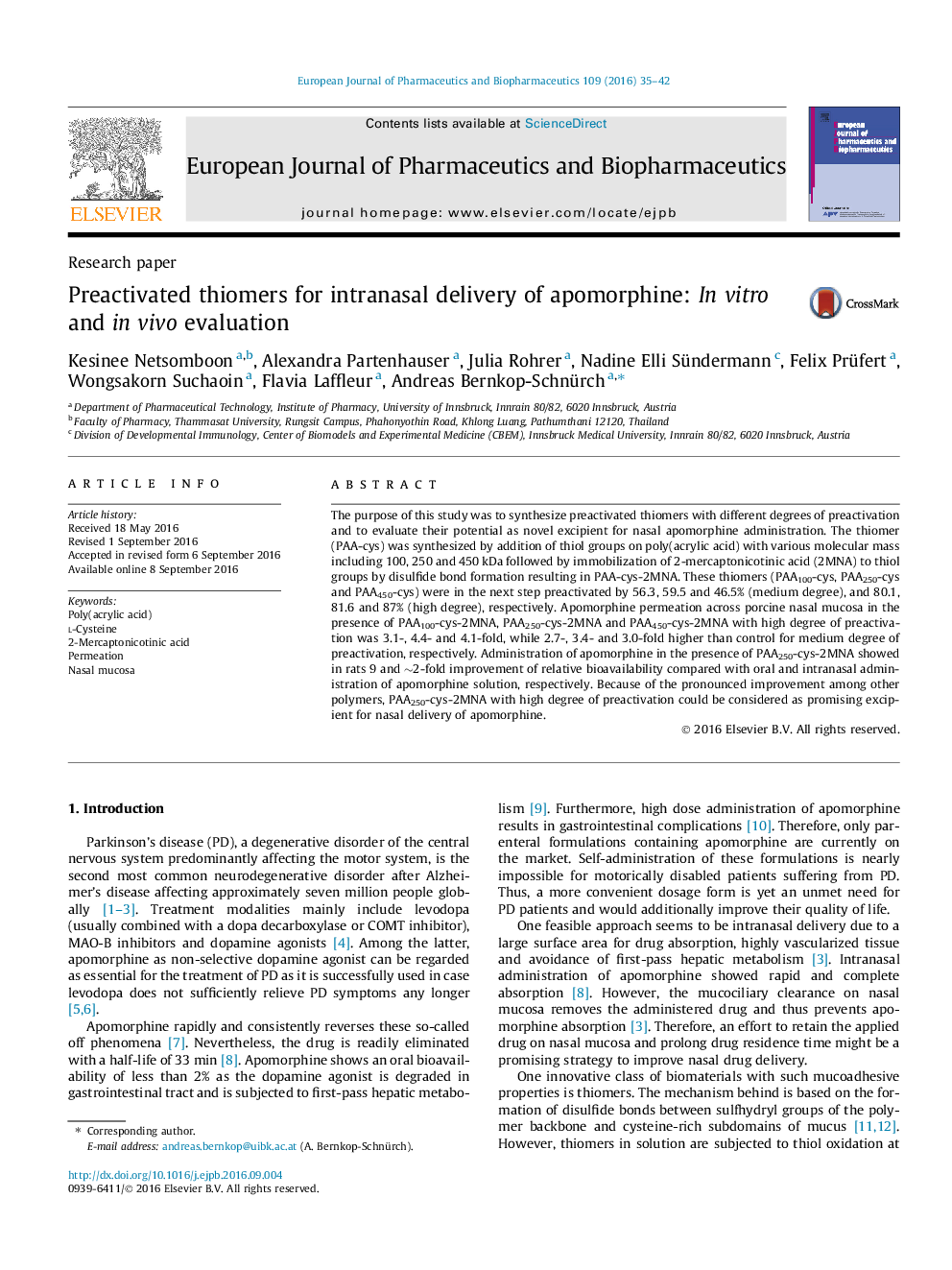 Research paperPreactivated thiomers for intranasal delivery of apomorphine: In vitro and in vivo evaluation