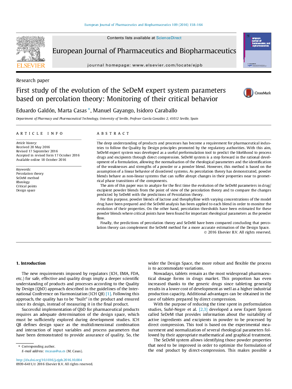 Research paperFirst study of the evolution of the SeDeM expert system parameters based on percolation theory: Monitoring of their critical behavior