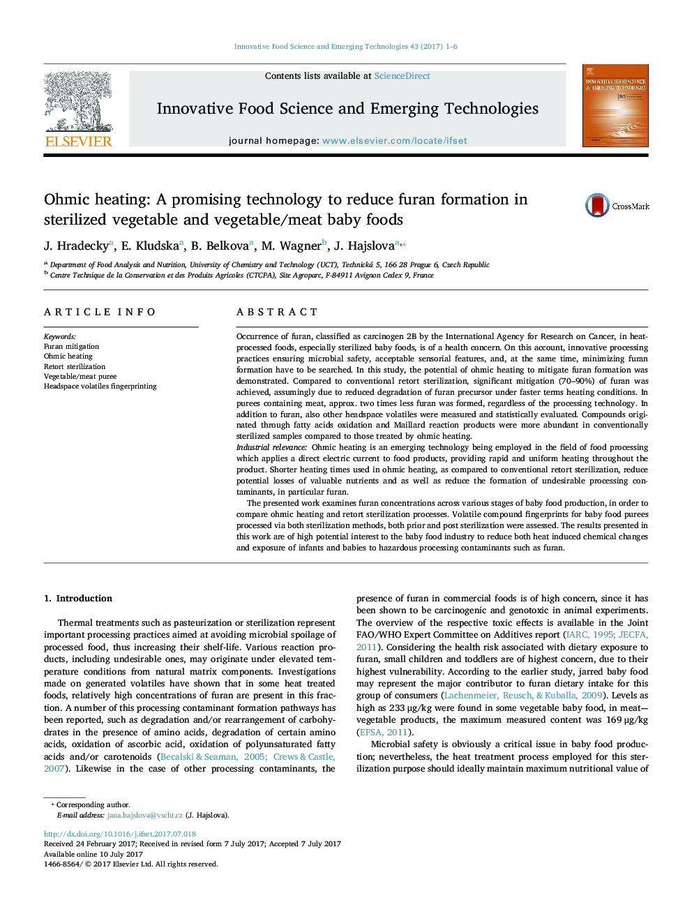 Ohmic heating: A promising technology to reduce furan formation in sterilized vegetable and vegetable/meat baby foods