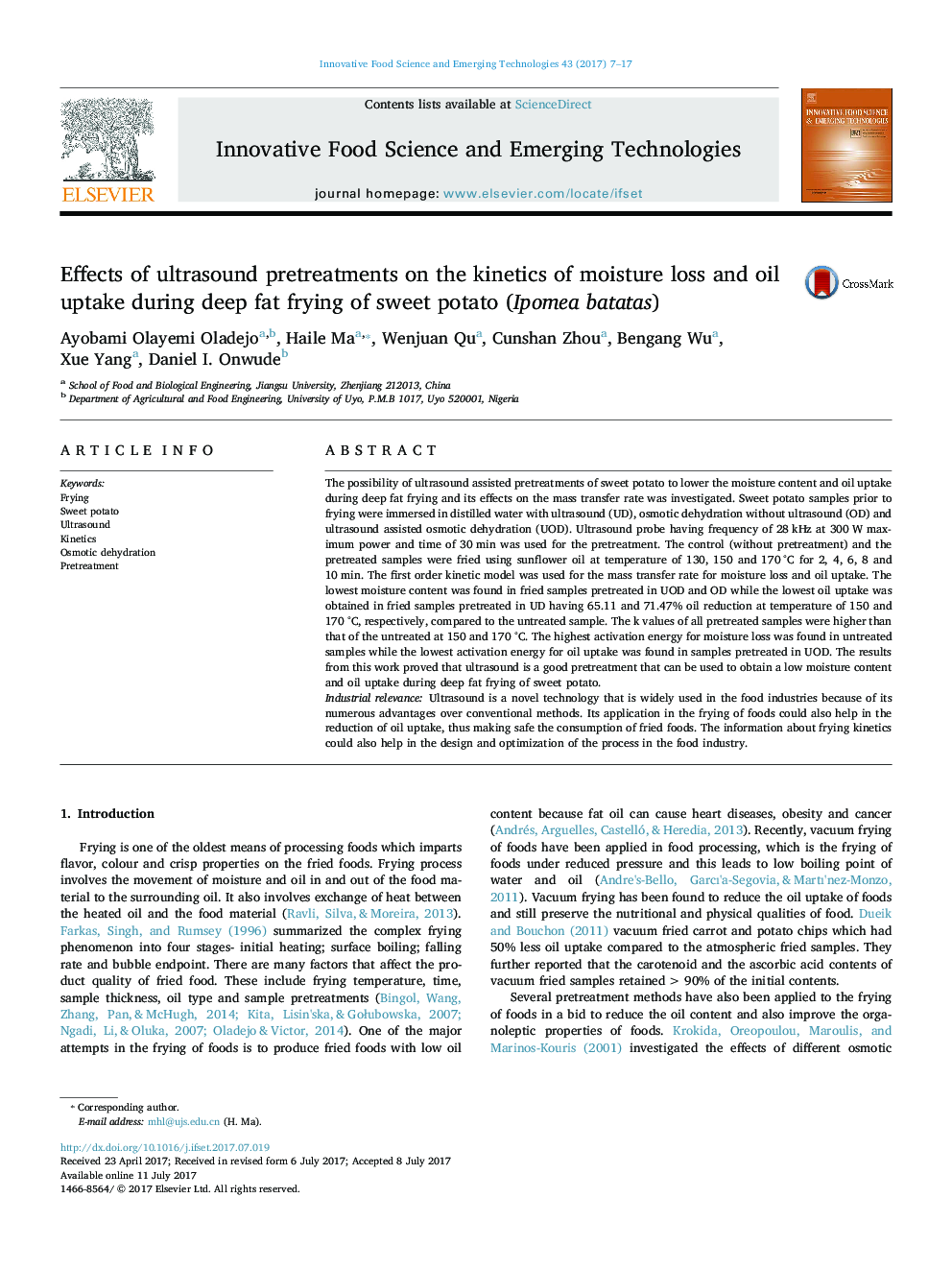 Effects of ultrasound pretreatments on the kinetics of moisture loss and oil uptake during deep fat frying of sweet potato (Ipomea batatas)