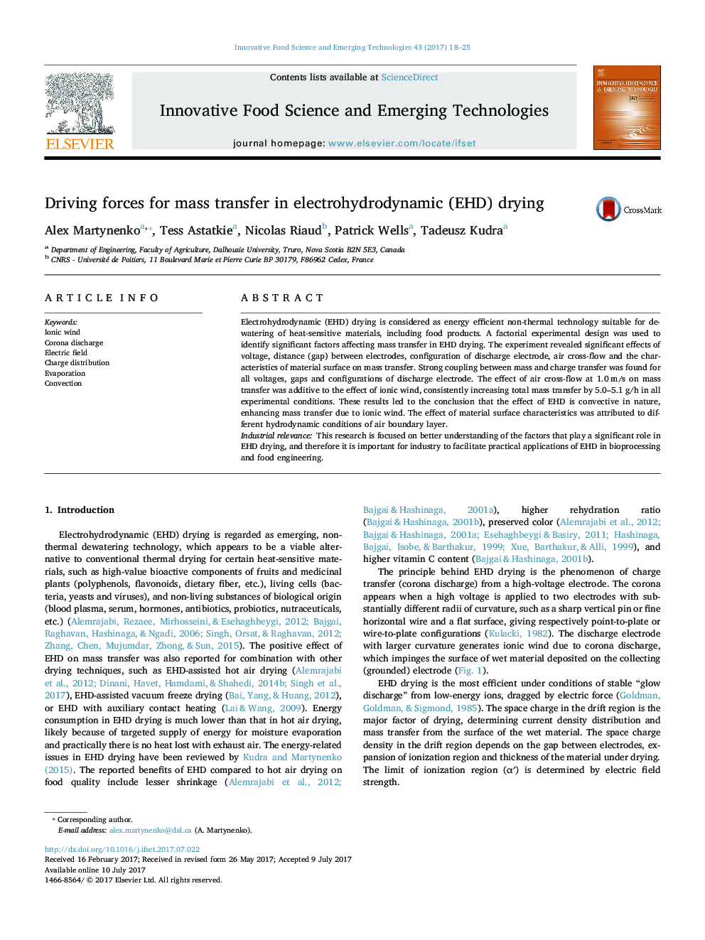 Driving forces for mass transfer in electrohydrodynamic (EHD) drying