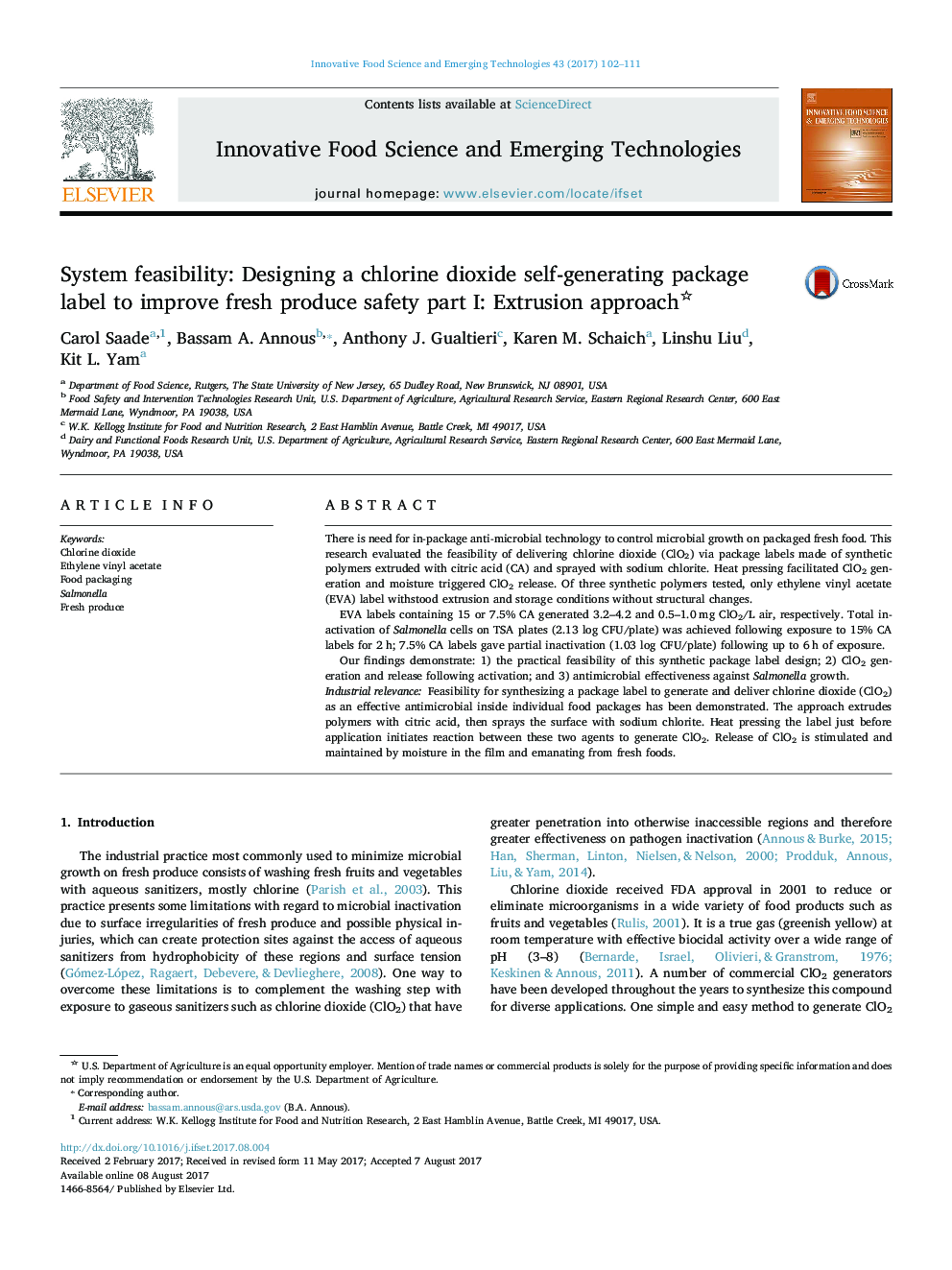 System feasibility: Designing a chlorine dioxide self-generating package label to improve fresh produce safety part I: Extrusion approach