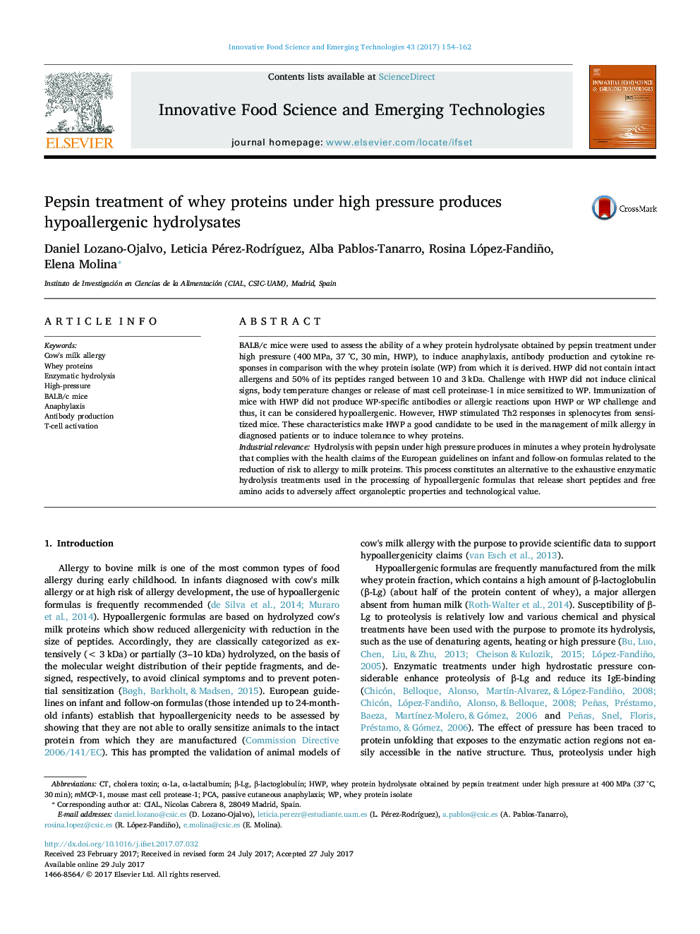 Pepsin treatment of whey proteins under high pressure produces hypoallergenic hydrolysates