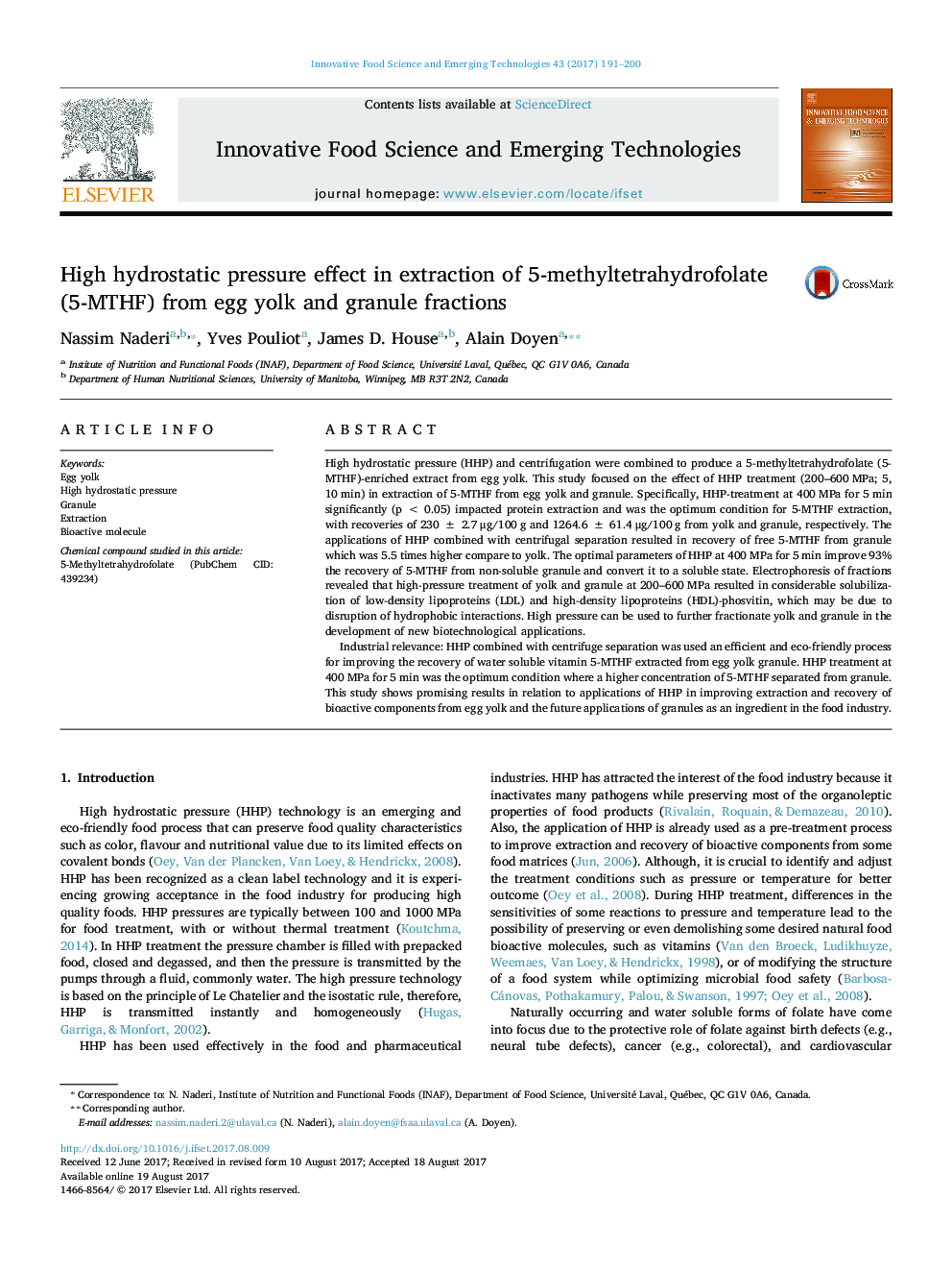 High hydrostatic pressure effect in extraction of 5-methyltetrahydrofolate (5-MTHF) from egg yolk and granule fractions