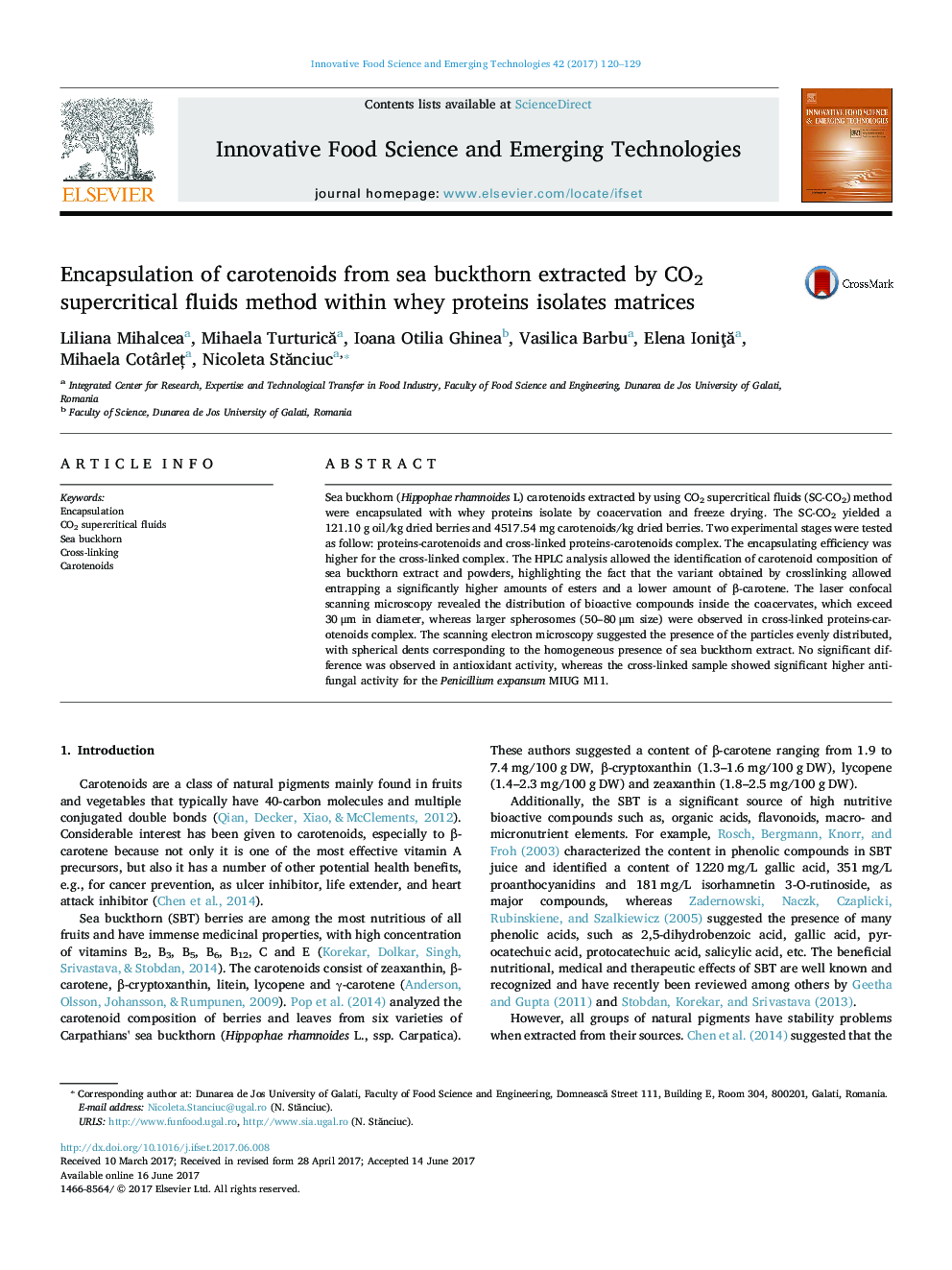 Encapsulation of carotenoids from sea buckthorn extracted by CO2 supercritical fluids method within whey proteins isolates matrices