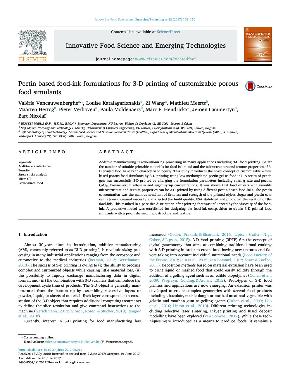 Pectin based food-ink formulations for 3-D printing of customizable porous food simulants