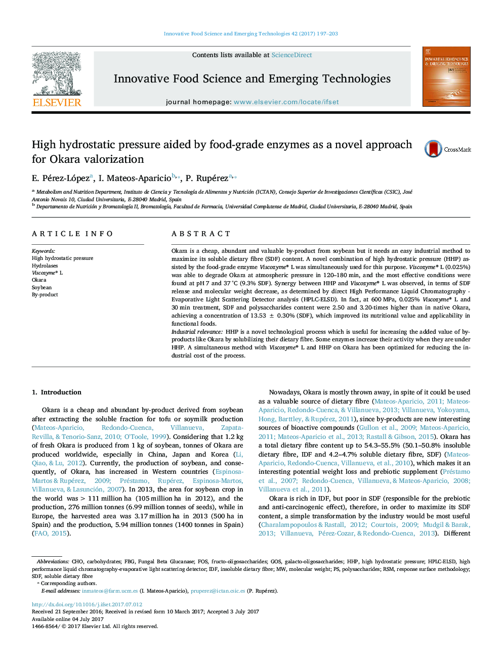 High hydrostatic pressure aided by food-grade enzymes as a novel approach for Okara valorization