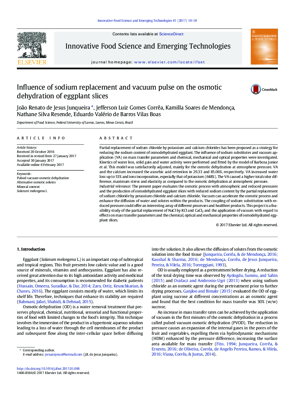 Influence of sodium replacement and vacuum pulse on the osmotic dehydration of eggplant slices