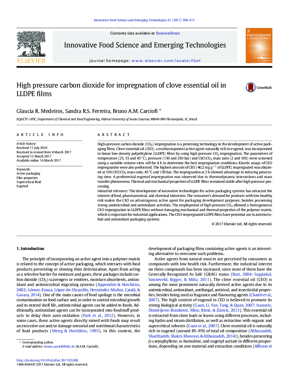 High pressure carbon dioxide for impregnation of clove essential oil in LLDPE films