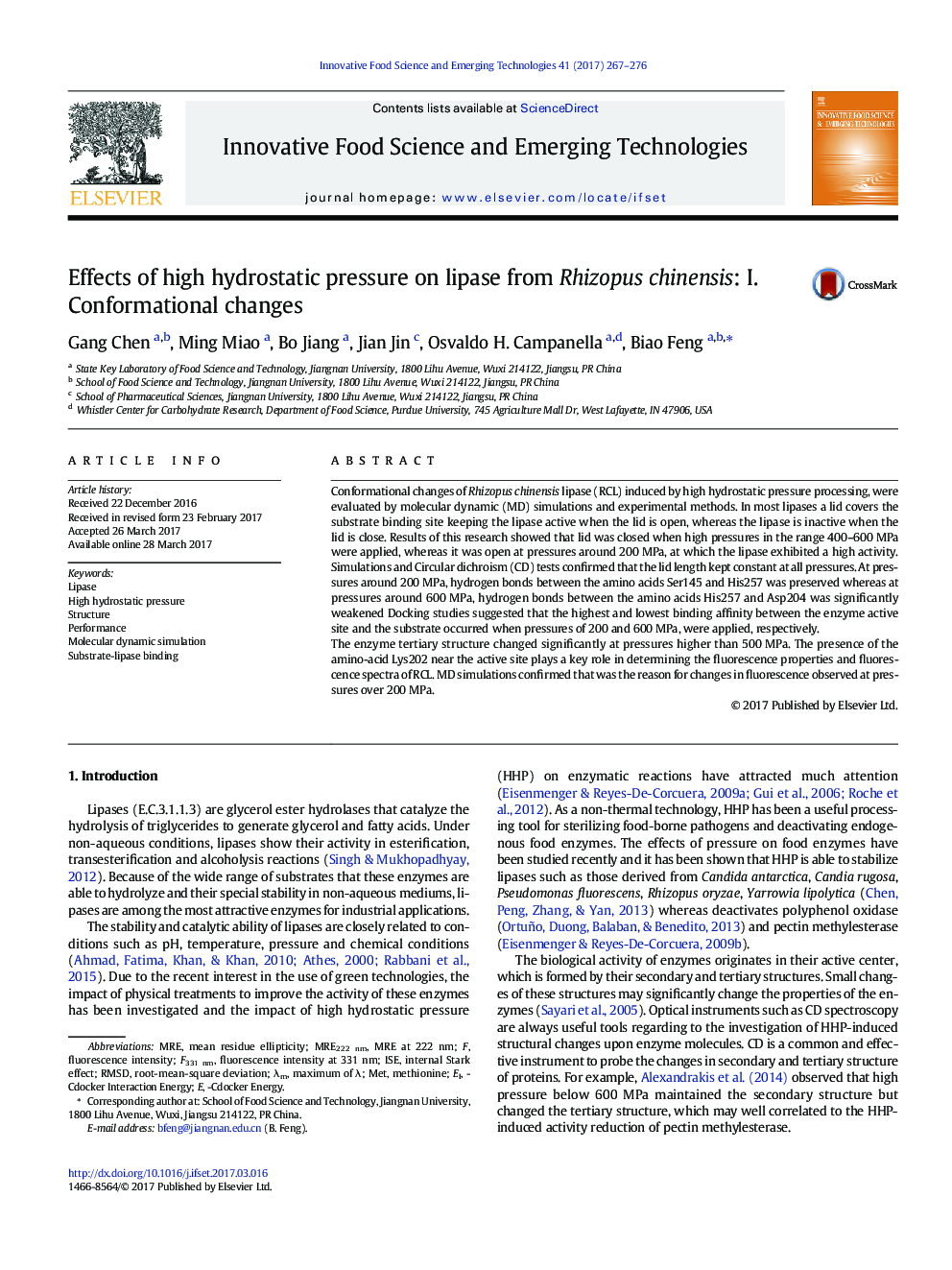 Effects of high hydrostatic pressure on lipase from Rhizopus chinensis: I. Conformational changes