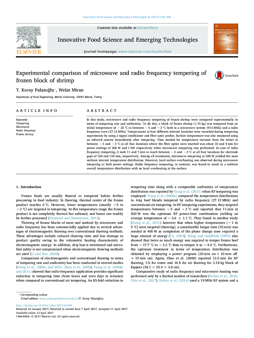 Experimental comparison of microwave and radio frequency tempering of frozen block of shrimp