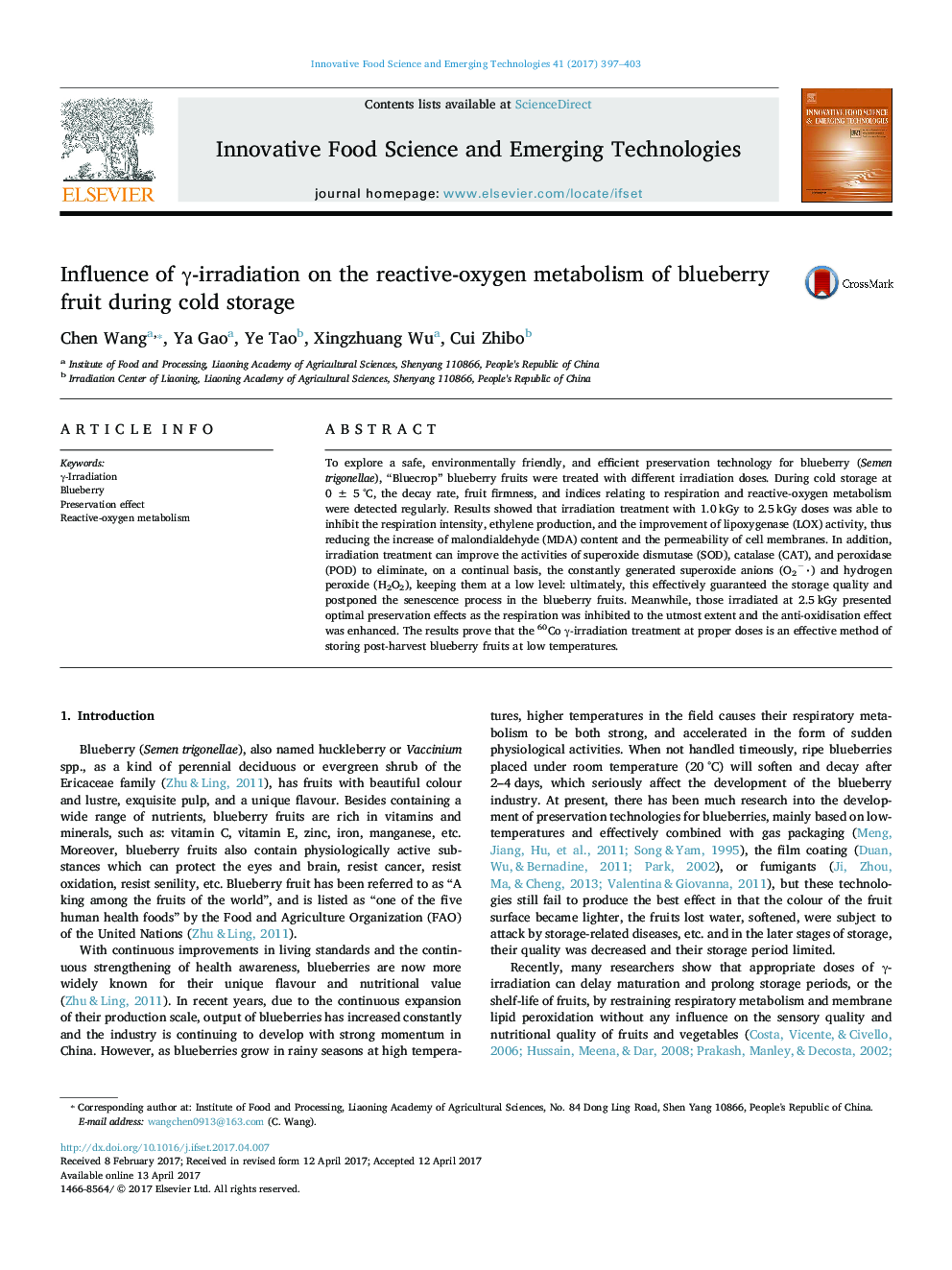 Influence of Î³-irradiation on the reactive-oxygen metabolism of blueberry fruit during cold storage