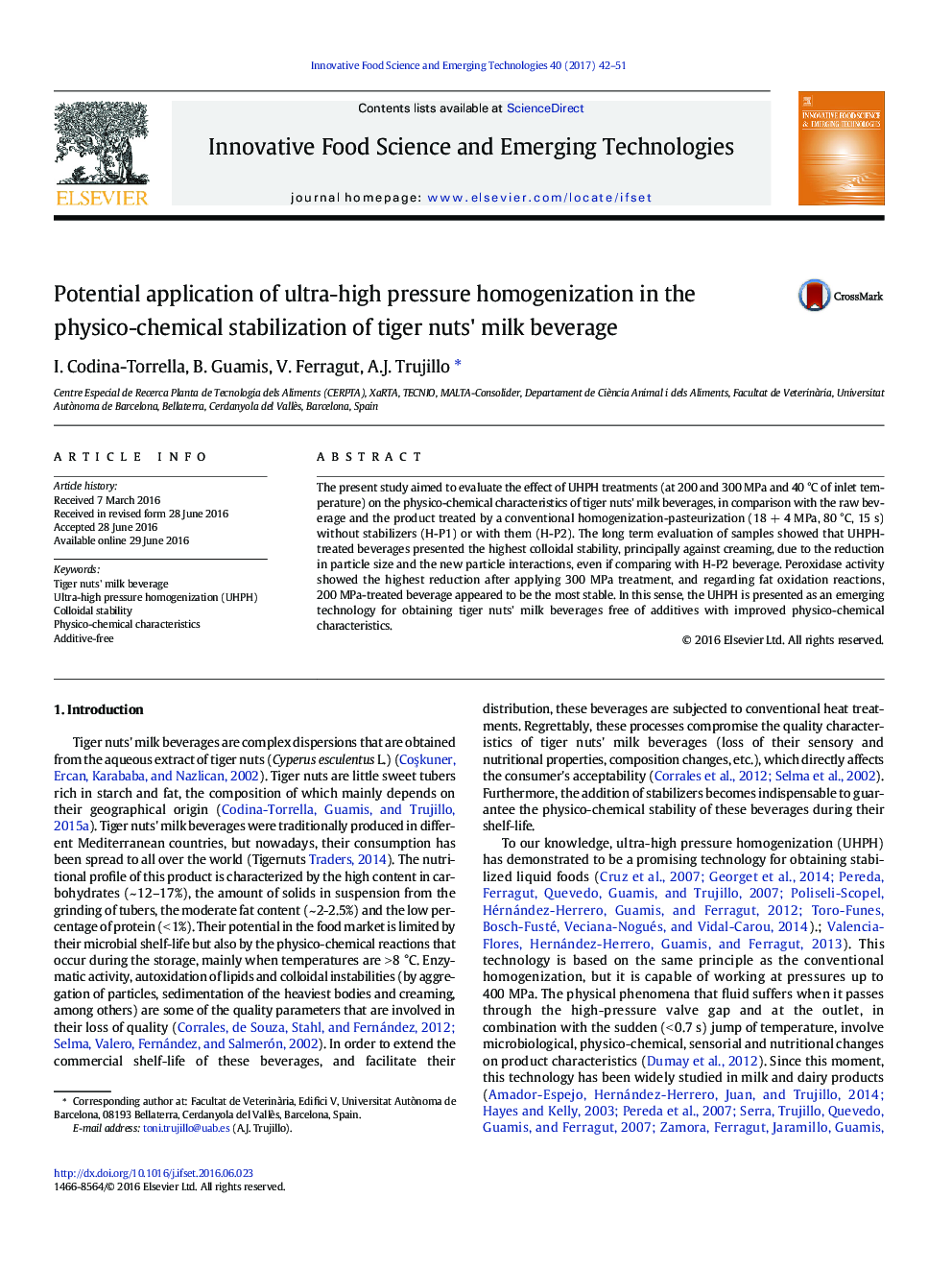 Potential application of ultra-high pressure homogenization in the physico-chemical stabilization of tiger nuts' milk beverage