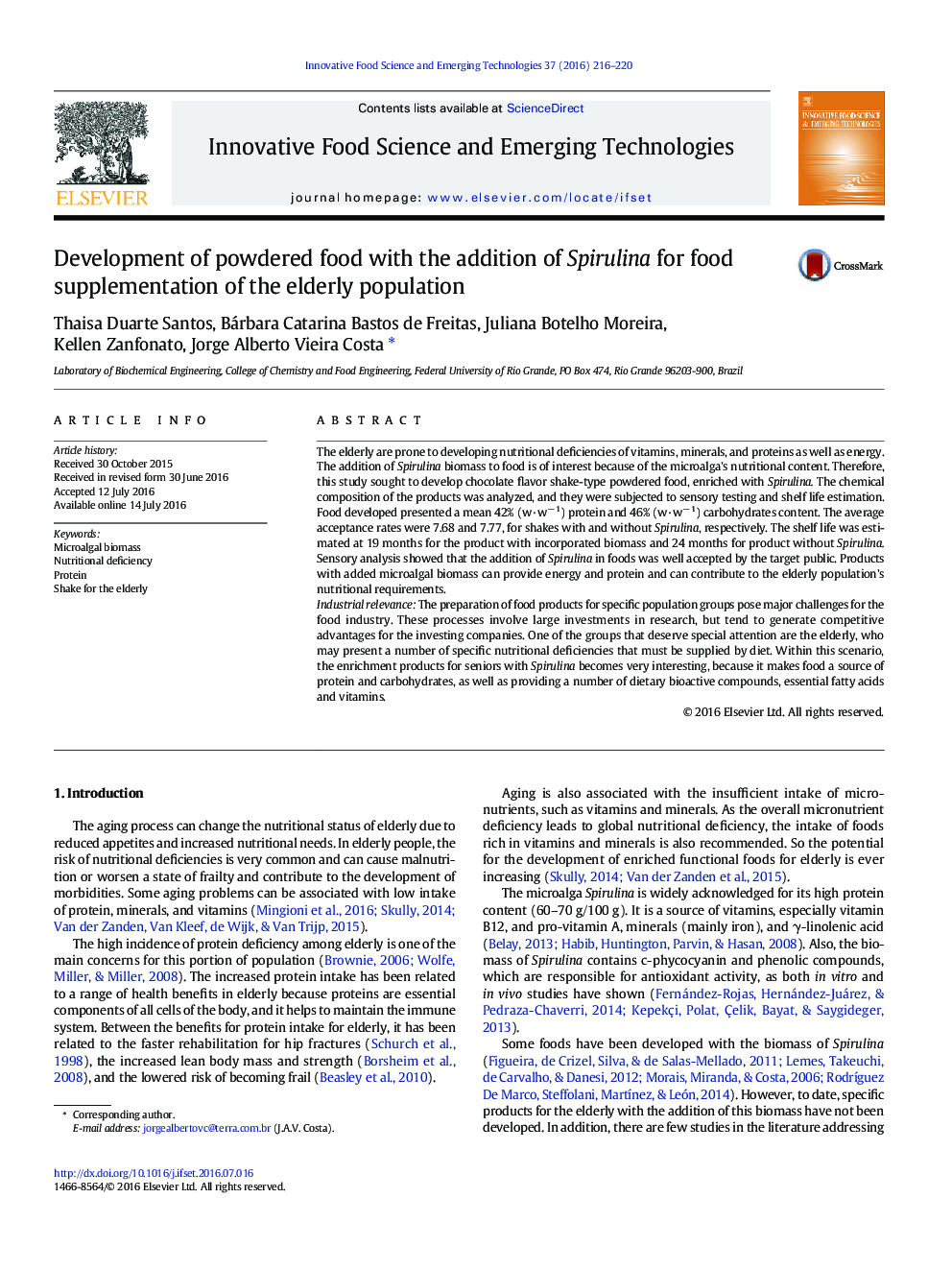 Development of powdered food with the addition of Spirulina for food supplementation of the elderly population